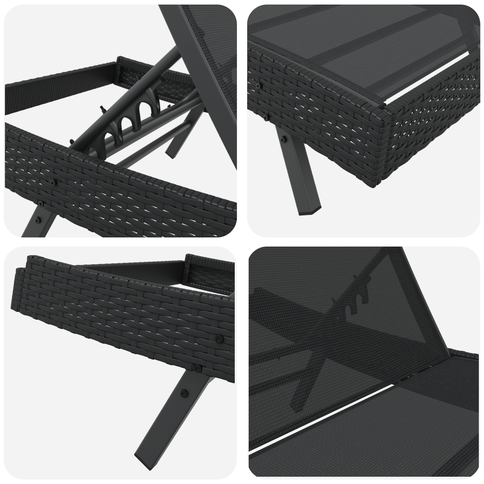 Lettino prendisole nero in polyrattan e Textilene