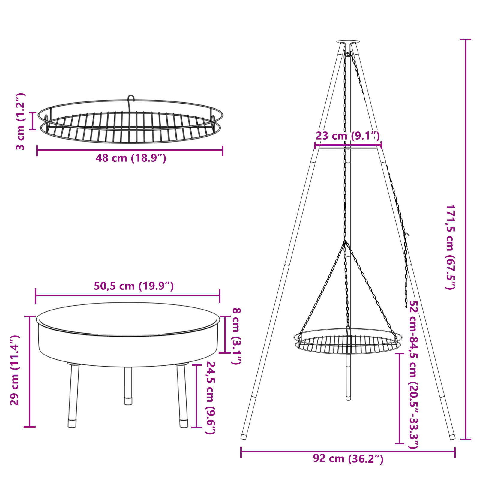 Treppiede da Cucina per Focolare con Griglia e Supporto per Fuoco 170 cm