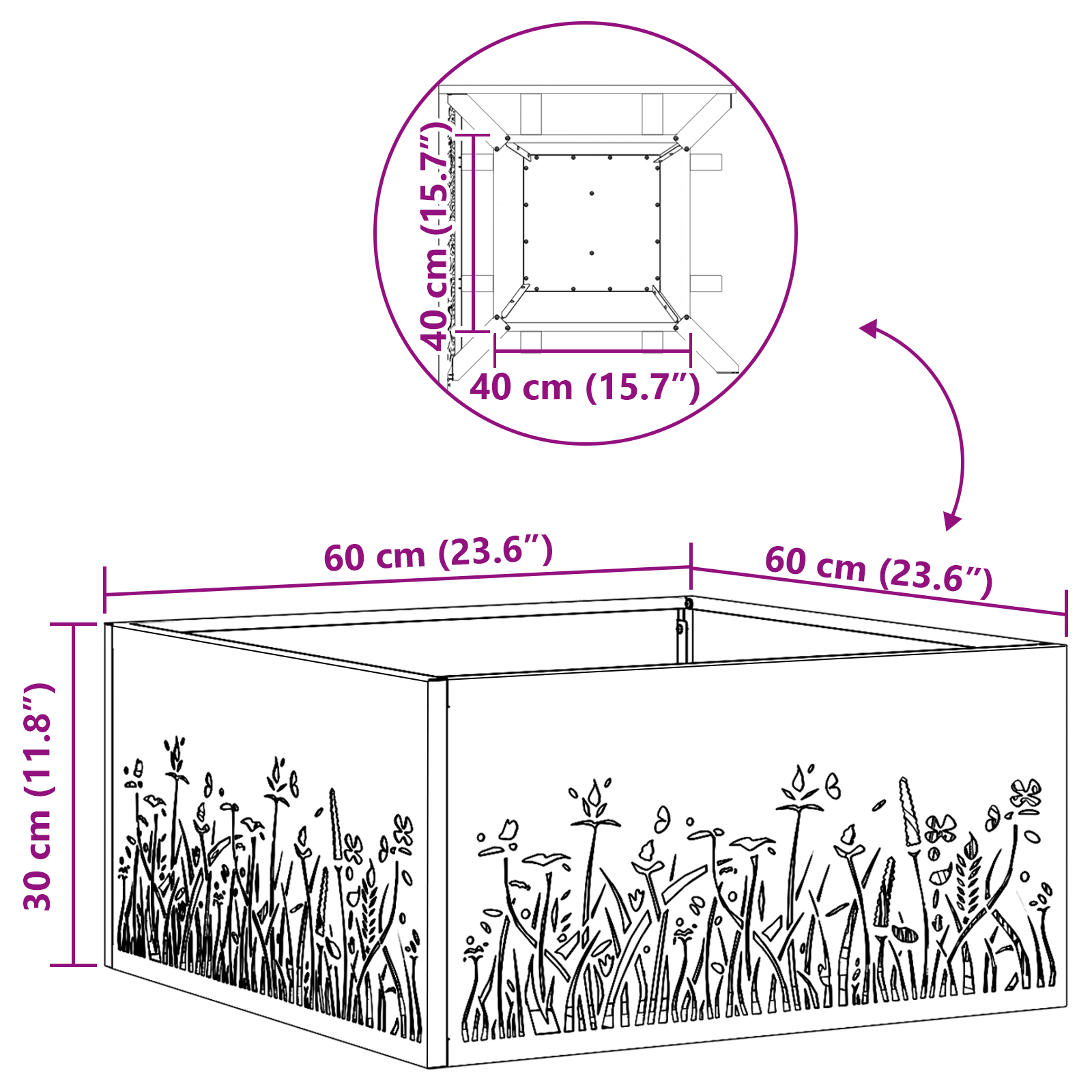 Focolare Quadrato Nero 60x60x30 cm in Acciaio