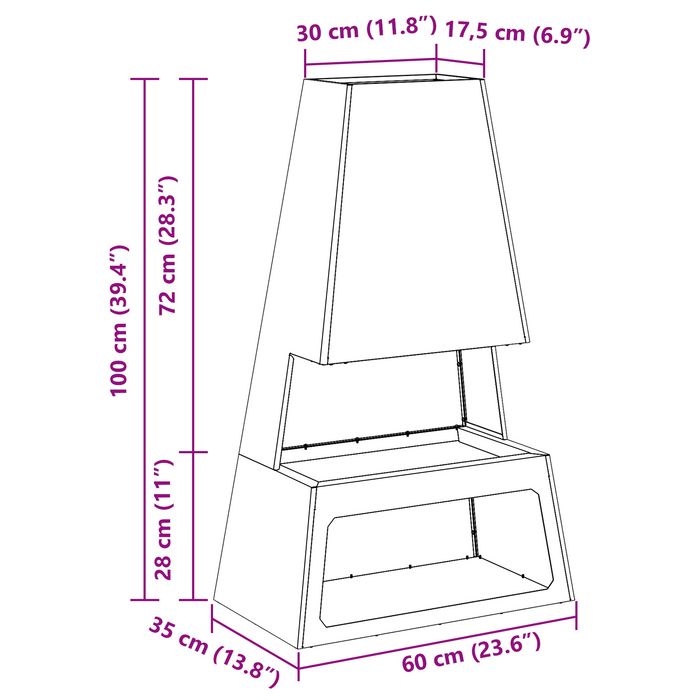 Focolare con deposito per tronchi 60x35x100 cm in acciaio resistente alle intemperie