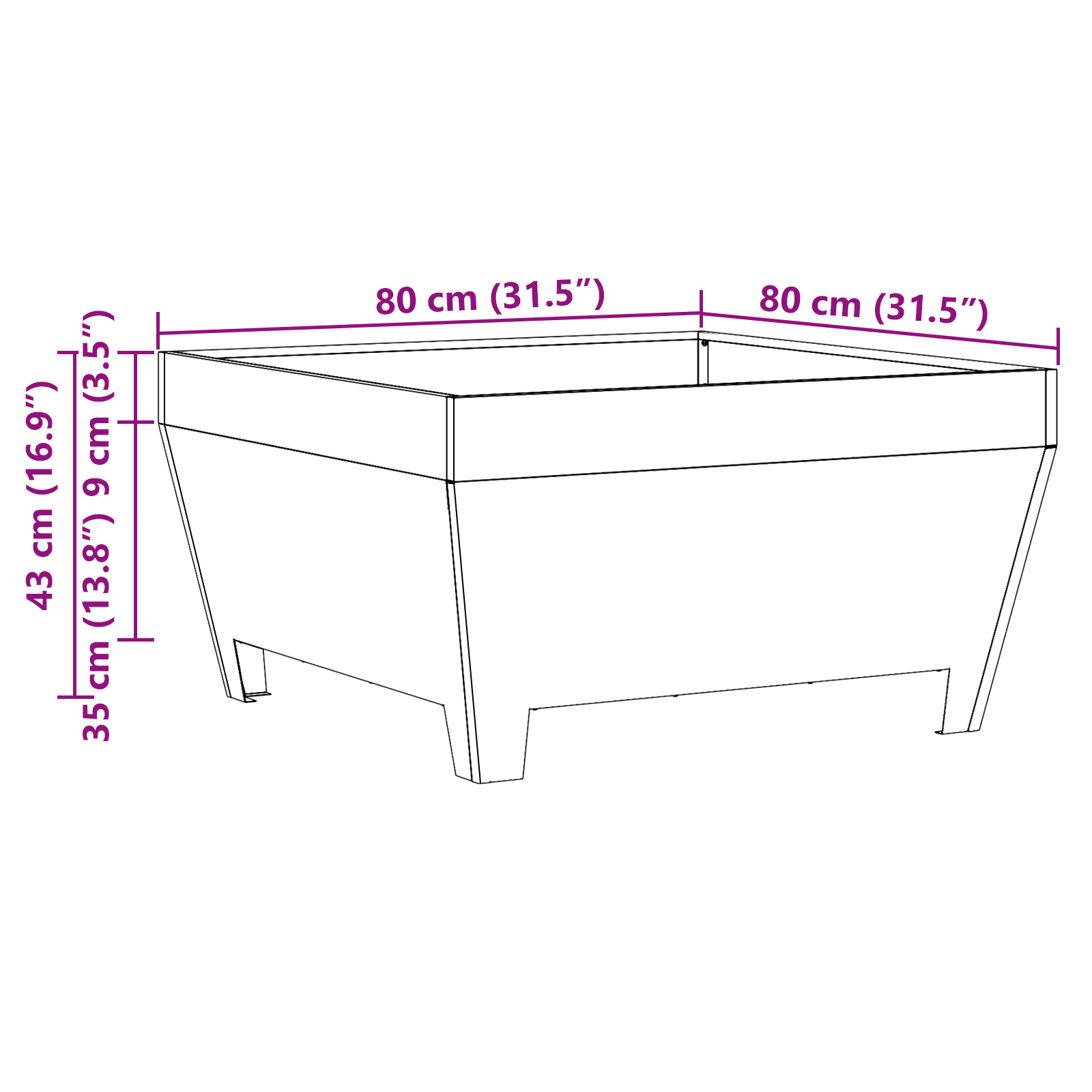 Braciere Quadrato Nero 80x80x43 cm in Acciaio -