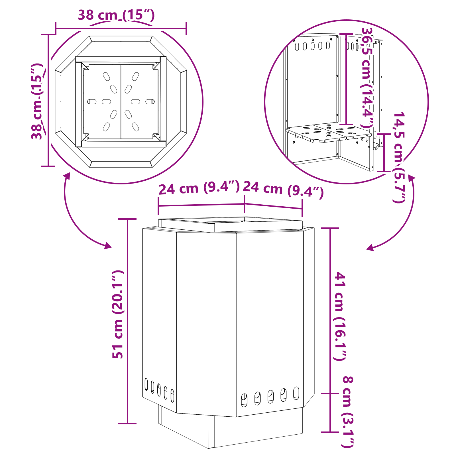 Focolare Senza Fumi Nero 38x38x51 cm in Acciaio di