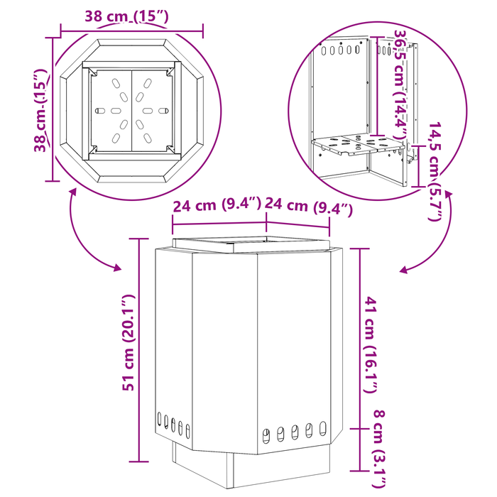 Focolare Senza Fumi Nero 38x38x51 cm in Acciaio di