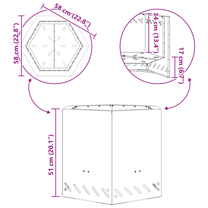 Braciere Senza Fumi Esagonale Nero 58x58x51 cm Acciaio