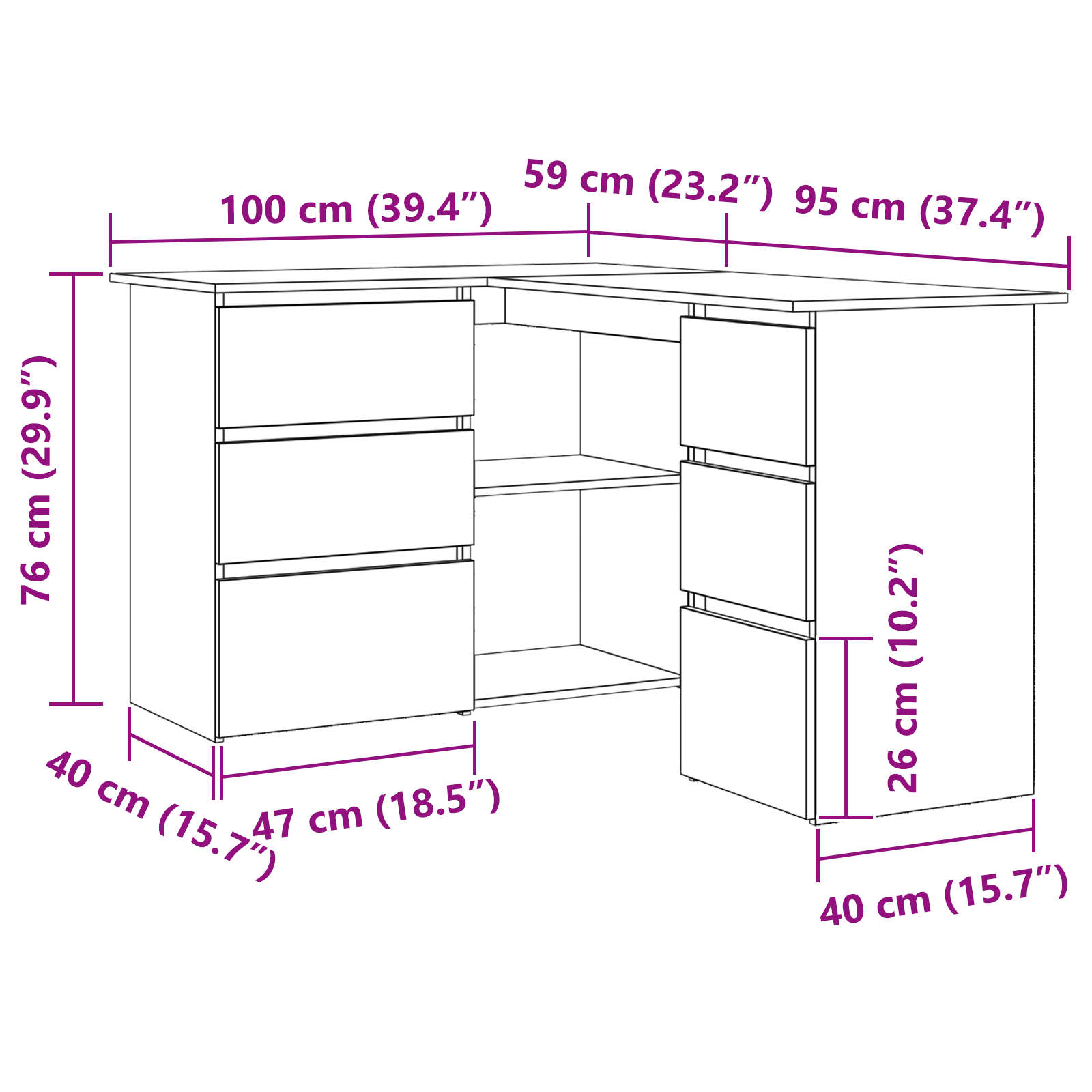 Scrivania angolare in quercia nera , 145x100x76 cm, realizzata in legno ingegnerizzato