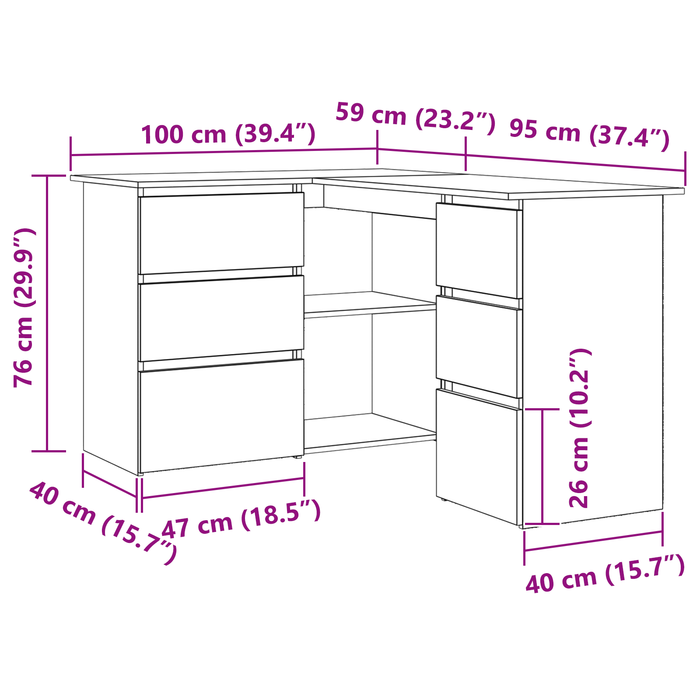 Scrivania angolare in quercia nera , 145x100x76 cm, realizzata in legno ingegnerizzato
