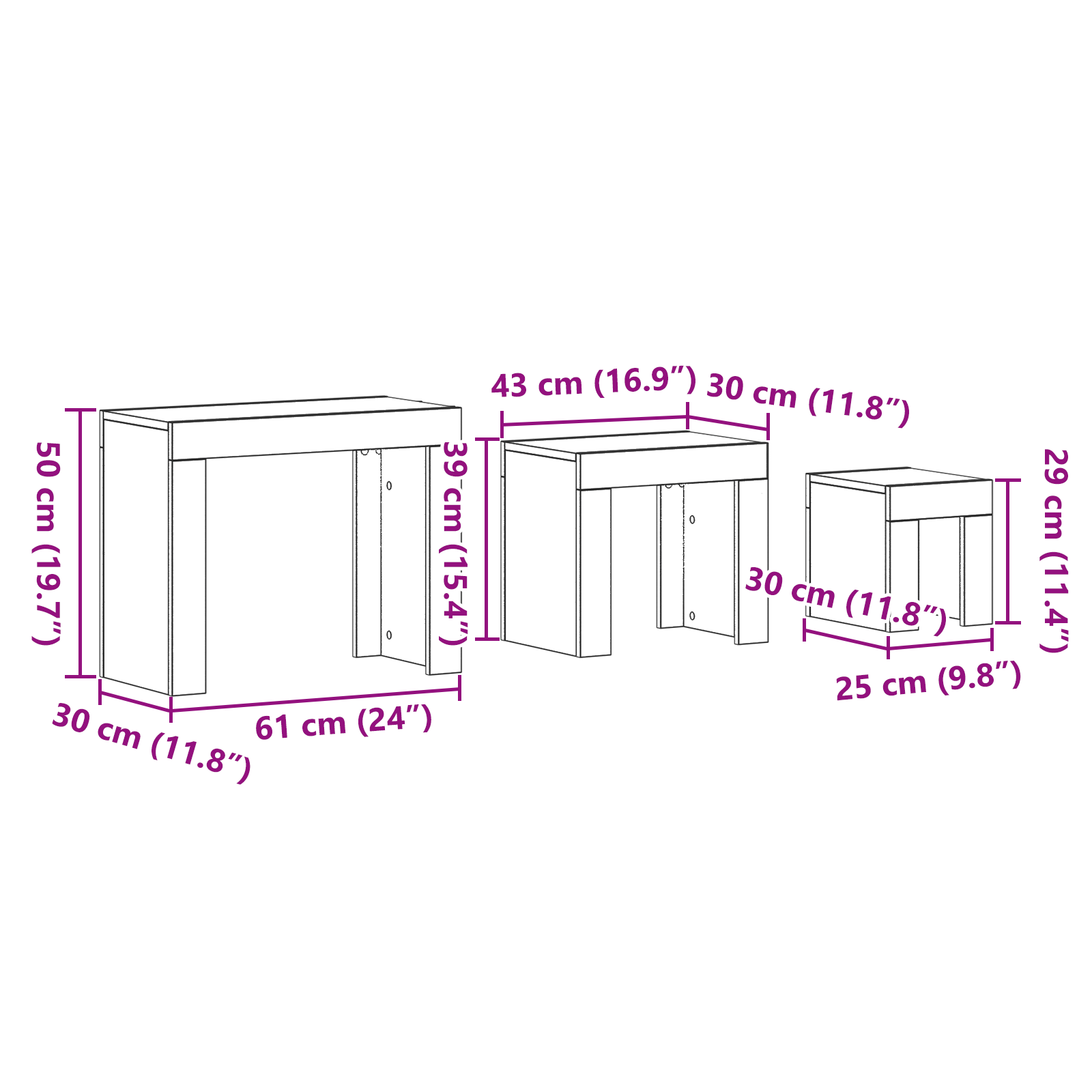 Set di 3 tavolini da caffè impilabili in legno nero