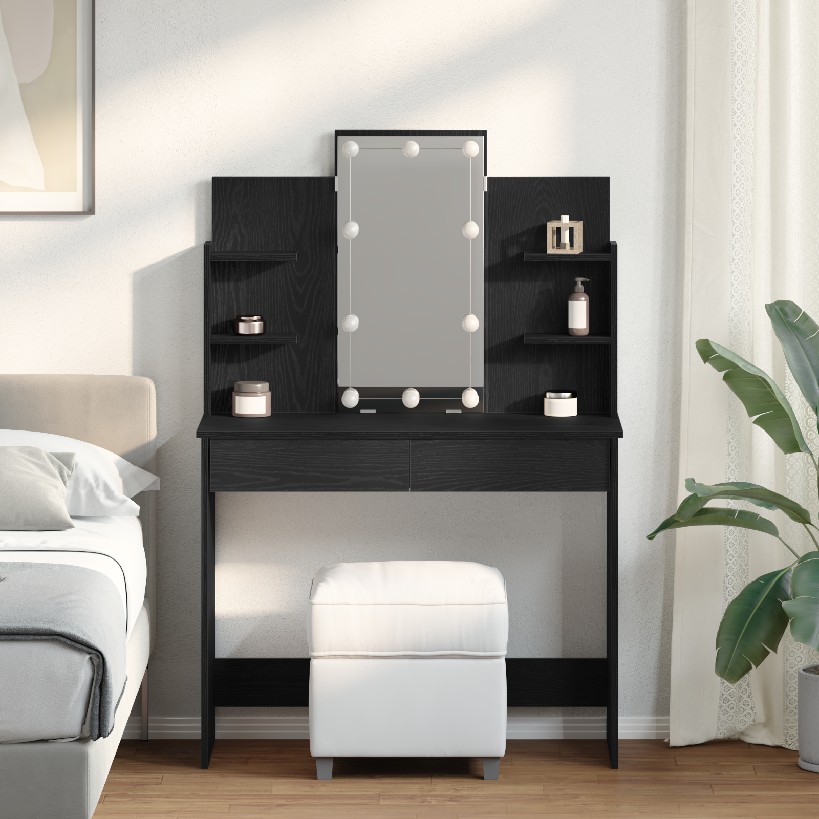 Toeletta  con luci LED Nero Rovere 96x40x142 cm