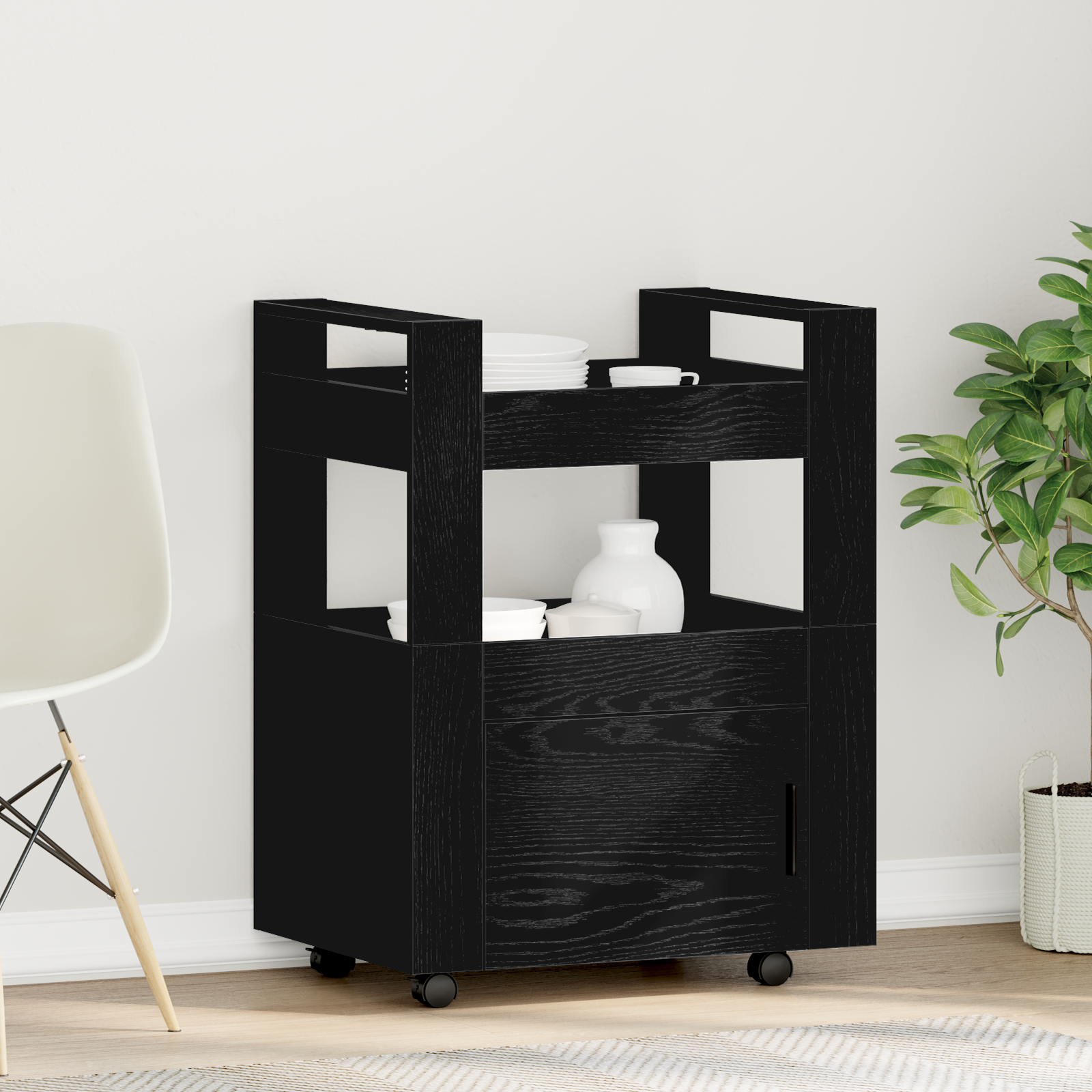 Carrello da Cucina  Nero Rovere 60x45x80 cm Legno Ingenerizzato