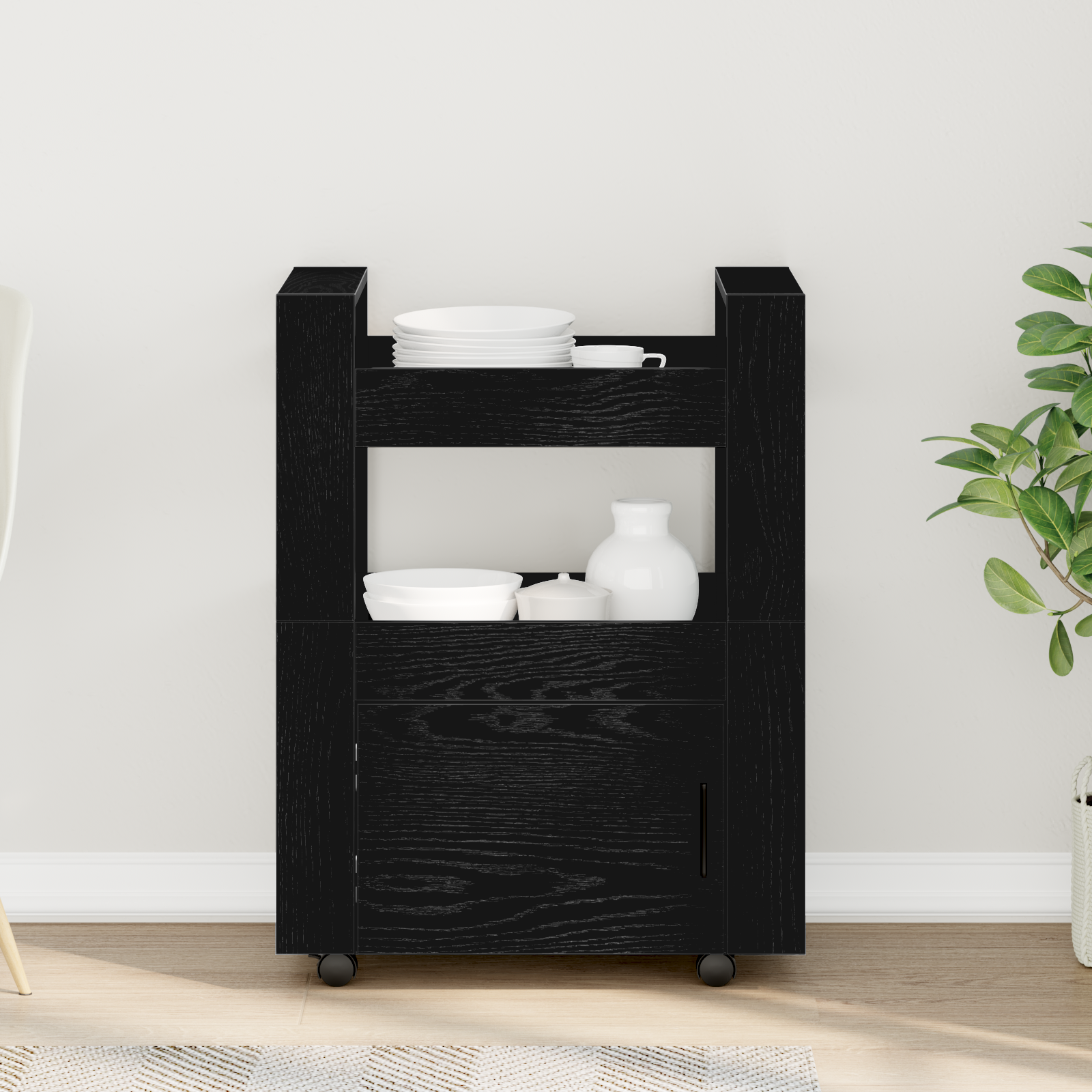 Carrello da Cucina  Nero Rovere 60x45x80 cm Legno Ingenerizzato