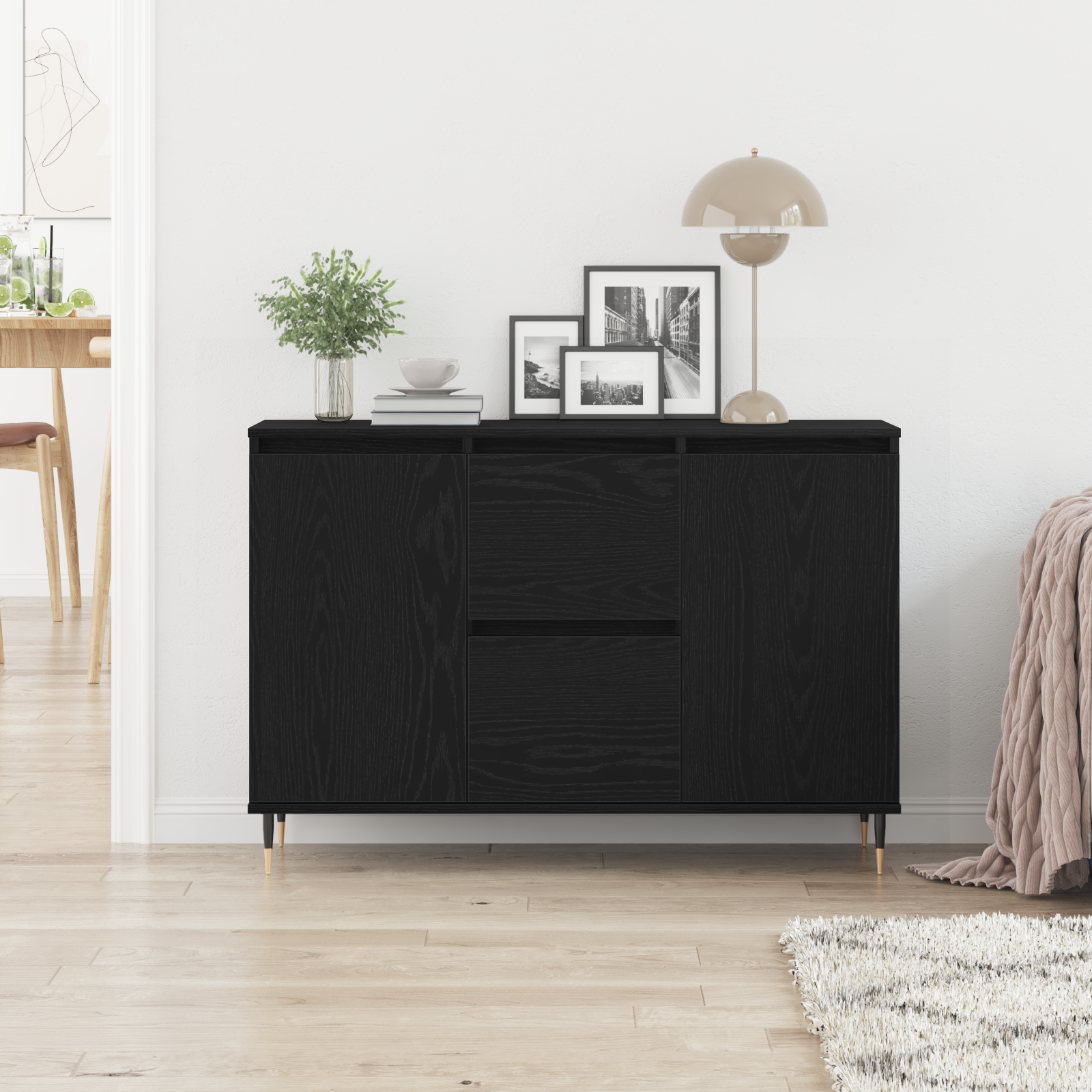 Sideboard  con porte e cassetti Nero Rovere 101,5x35x70 cm