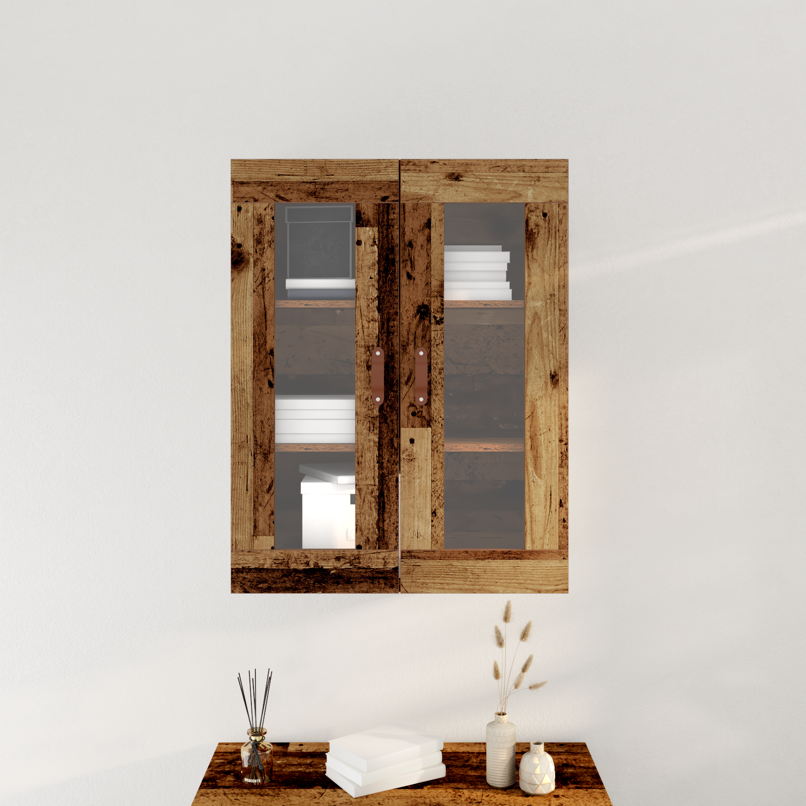 Armadio a muro con ante in vetro in legno anticato 69,5x34x90 cm