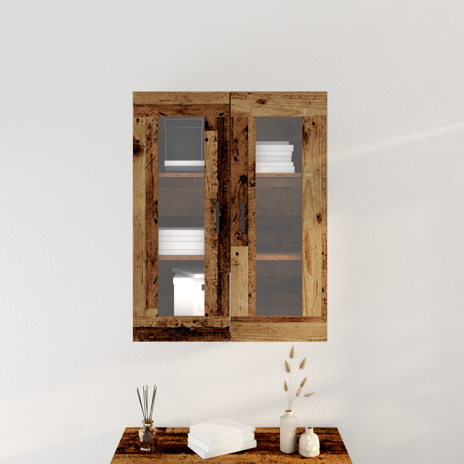 Mobile a Muro con Porte in Vetro - Legno Recuperato - 69.5x34x90 cm