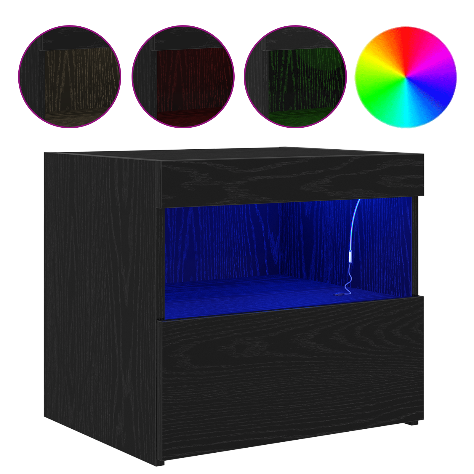 Comodino  con luci LED Rovere Nero 50x40x45 cm