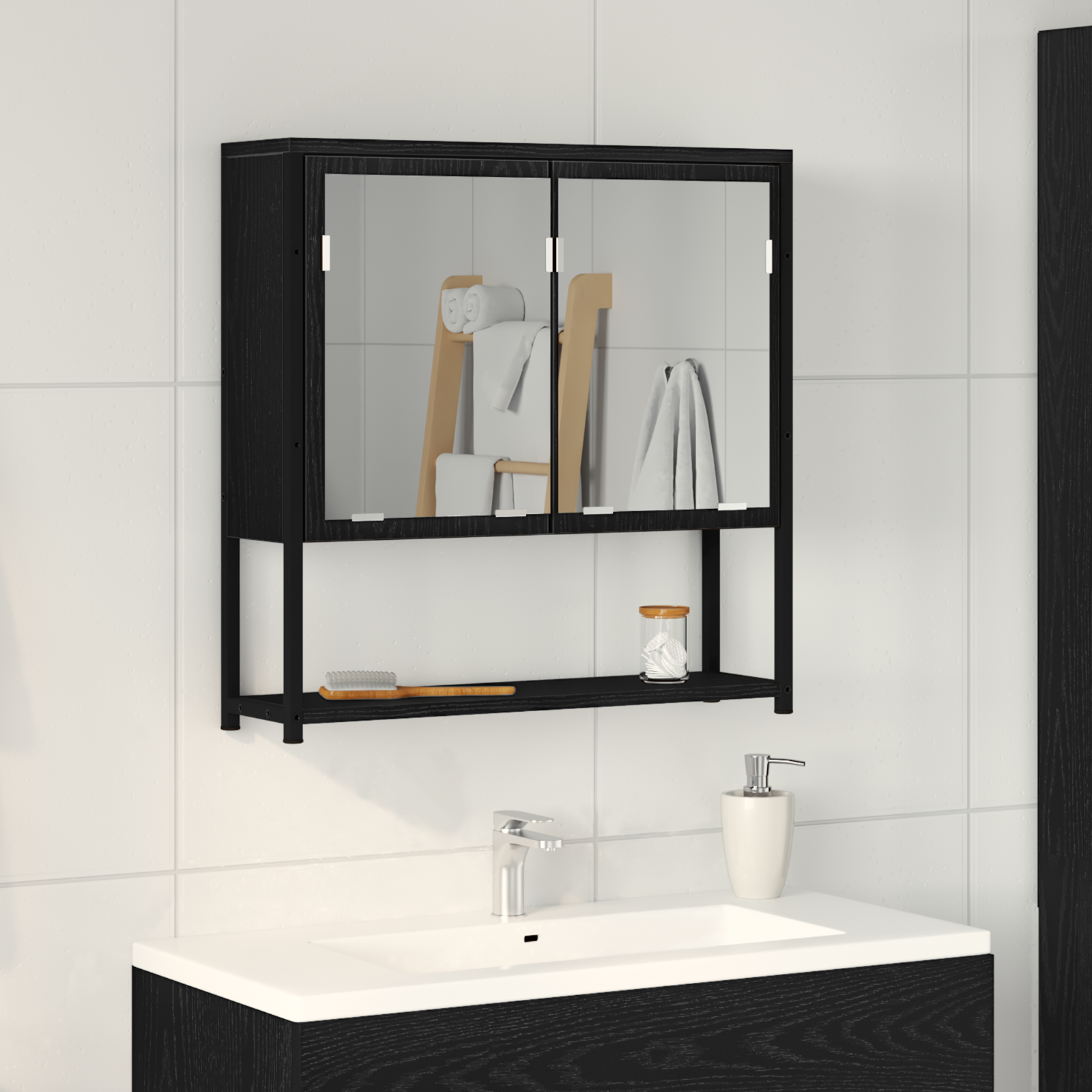 Mobiletto Specchio Bagno Rovere Nero 60x16x60 cm Legno Ingegnerizzato