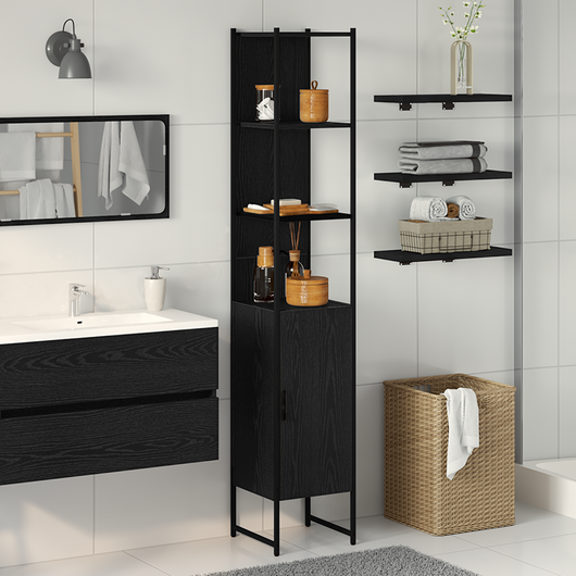 Armadio da Bagno  Nero Rovere 33x33x185,5 cm in Legno Ingegnerizzato