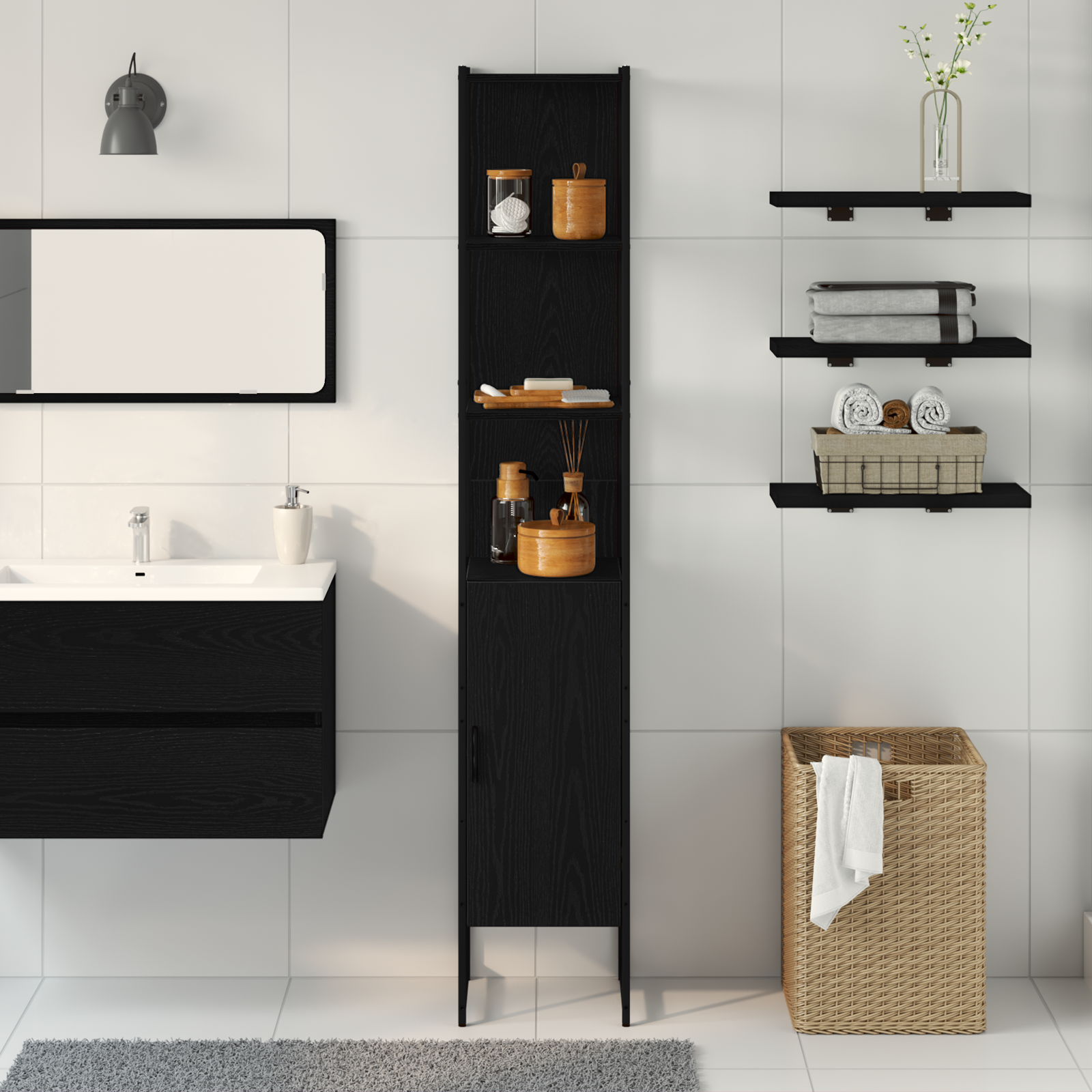 Armadio da Bagno  Nero Rovere 33x33x185,5 cm in Legno Ingegnerizzato