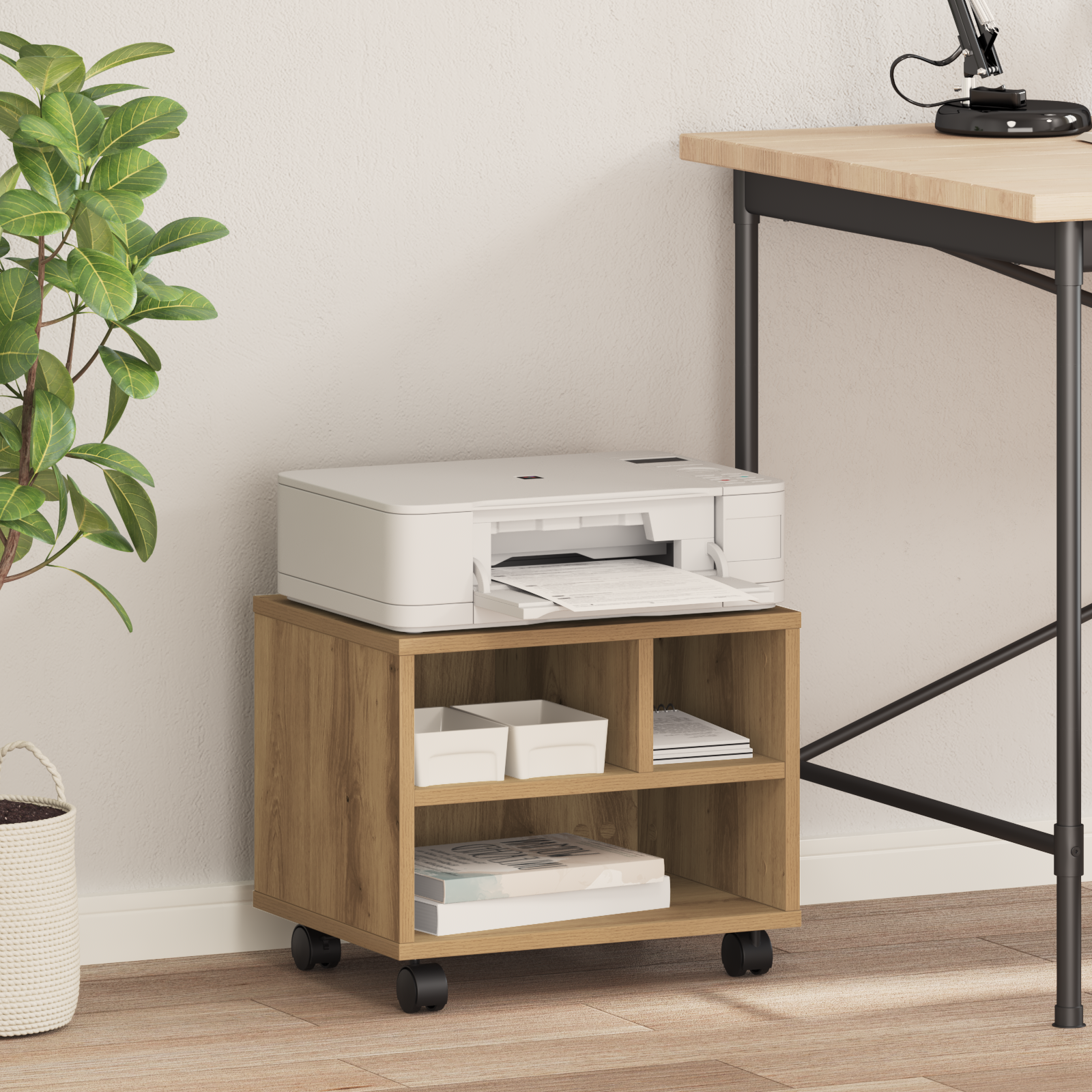 Supporto per Stampante con Ruote Rovere Artigianale 41x32x33,5 cm