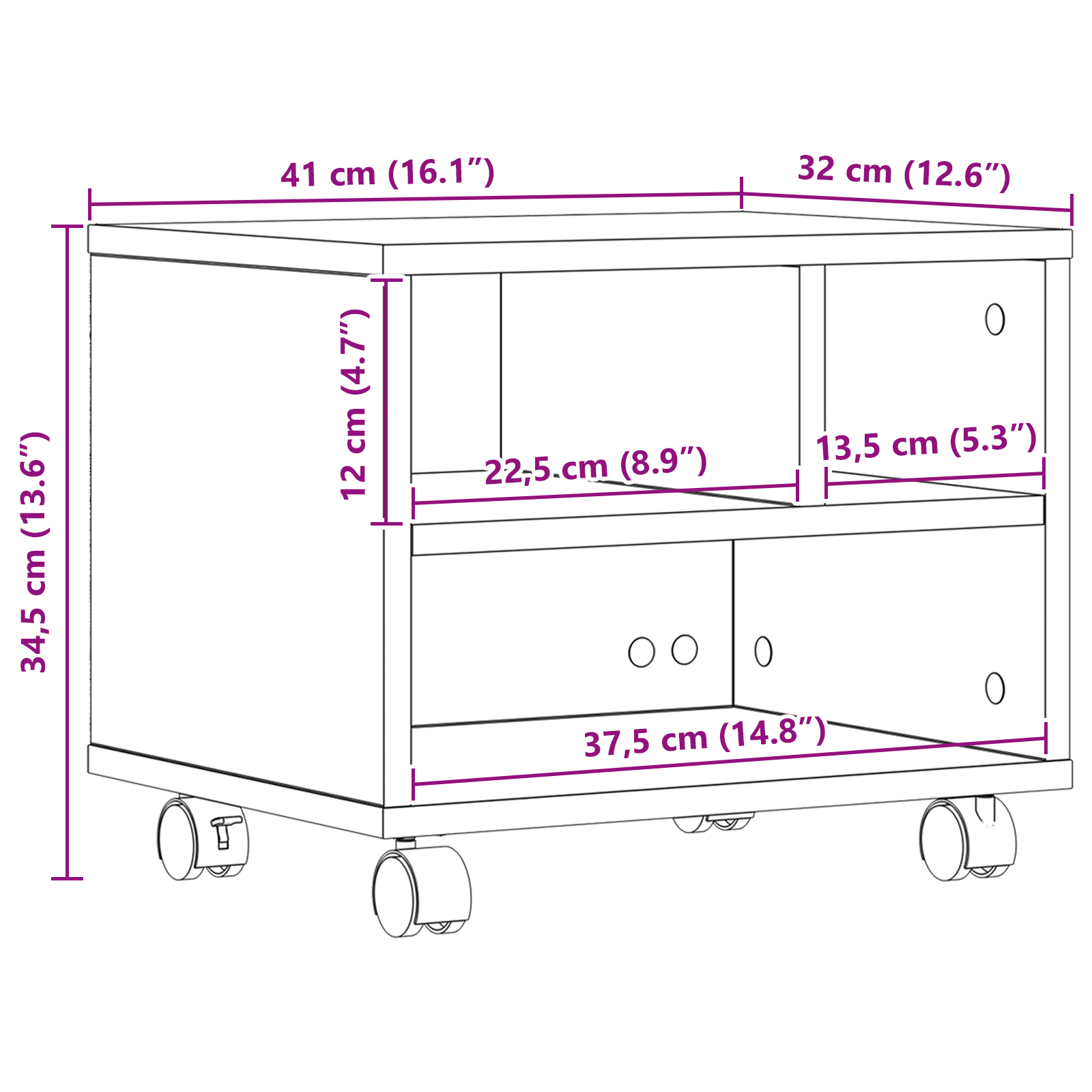 Supporto per Stampante con Ruote Rovere Artigianale 41x32x33,5 cm