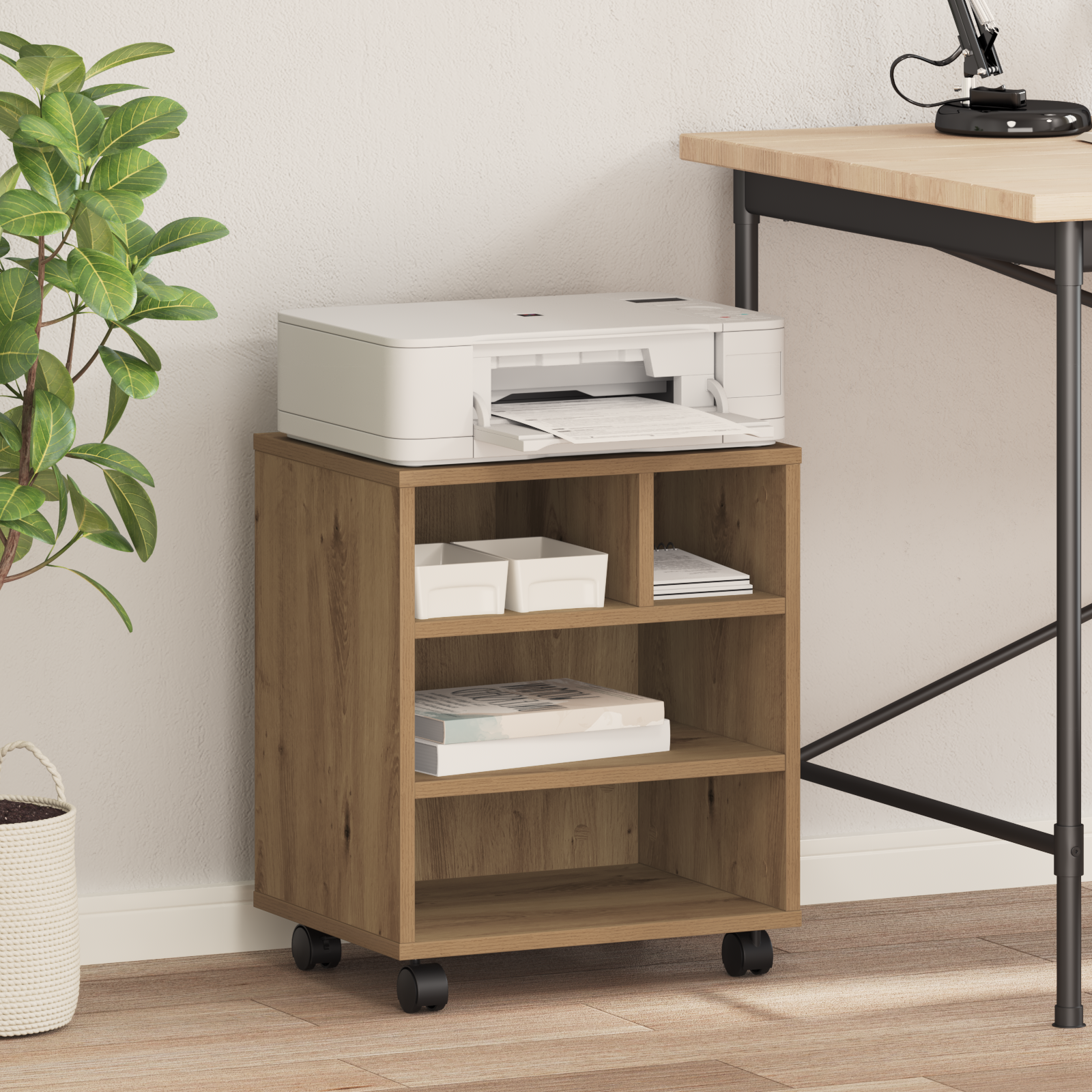 Supporto per Stampante  con Ruote Rovere Artigianale 41x32x48 cm