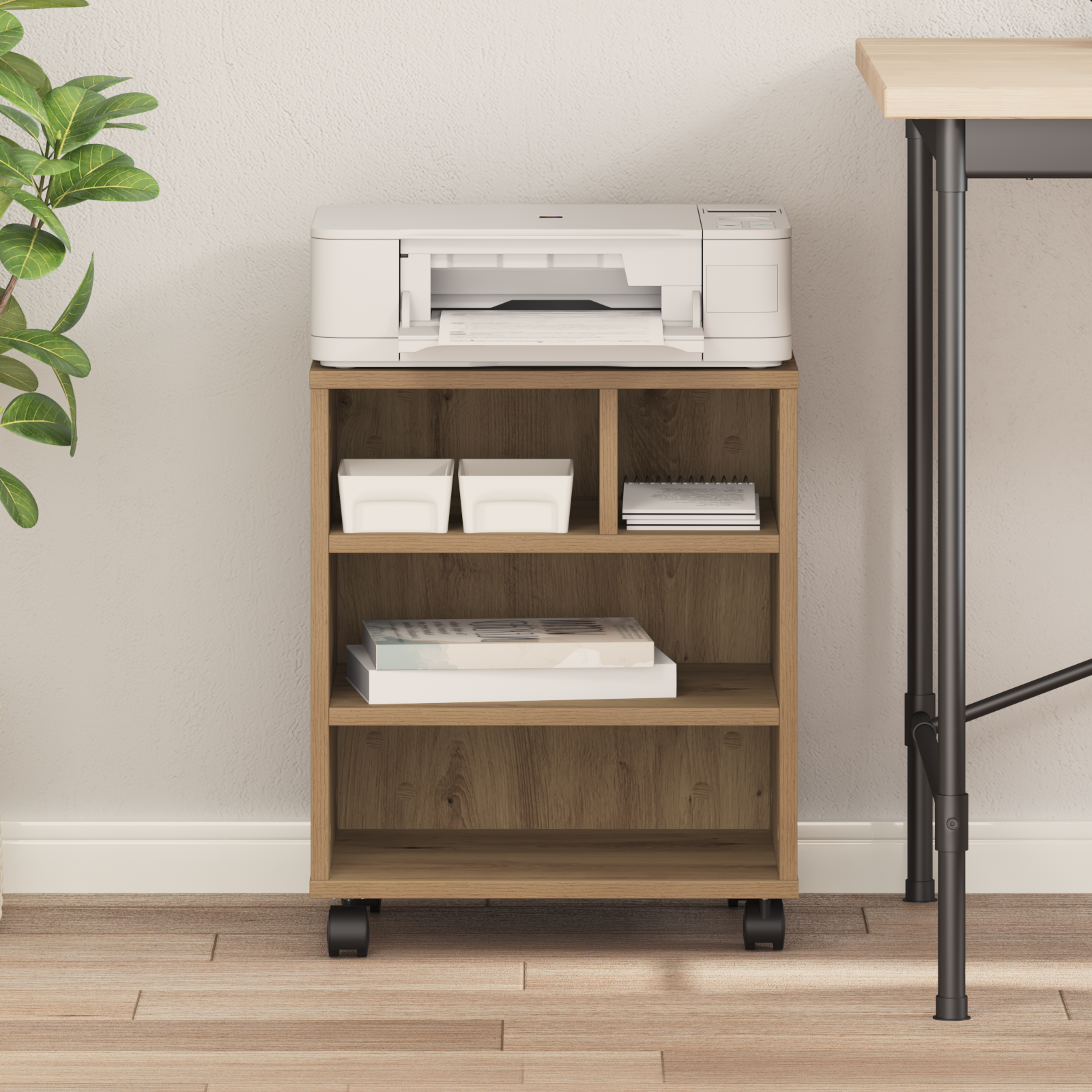 Supporto per Stampante  con Ruote Rovere Artigianale 41x32x48 cm