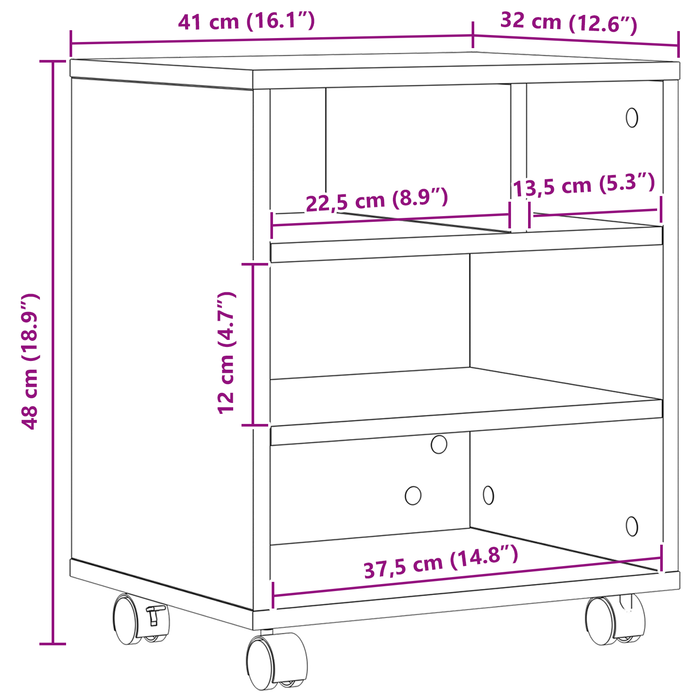 Supporto per Stampante  con Ruote Rovere Artigianale 41x32x48 cm