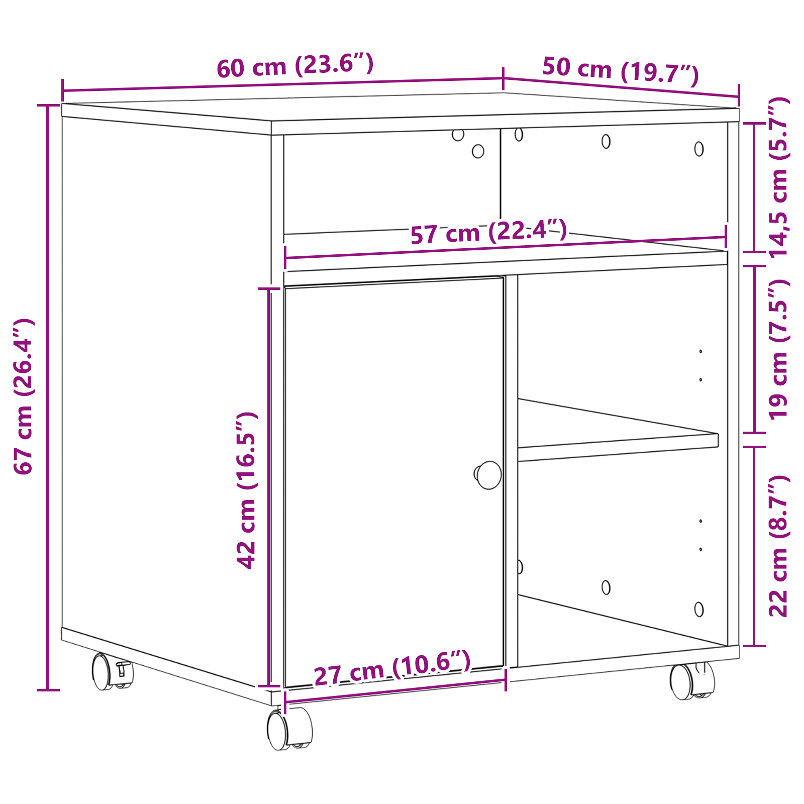 Supporto per stampante con ruote Rovere nero 60x50x67 cm