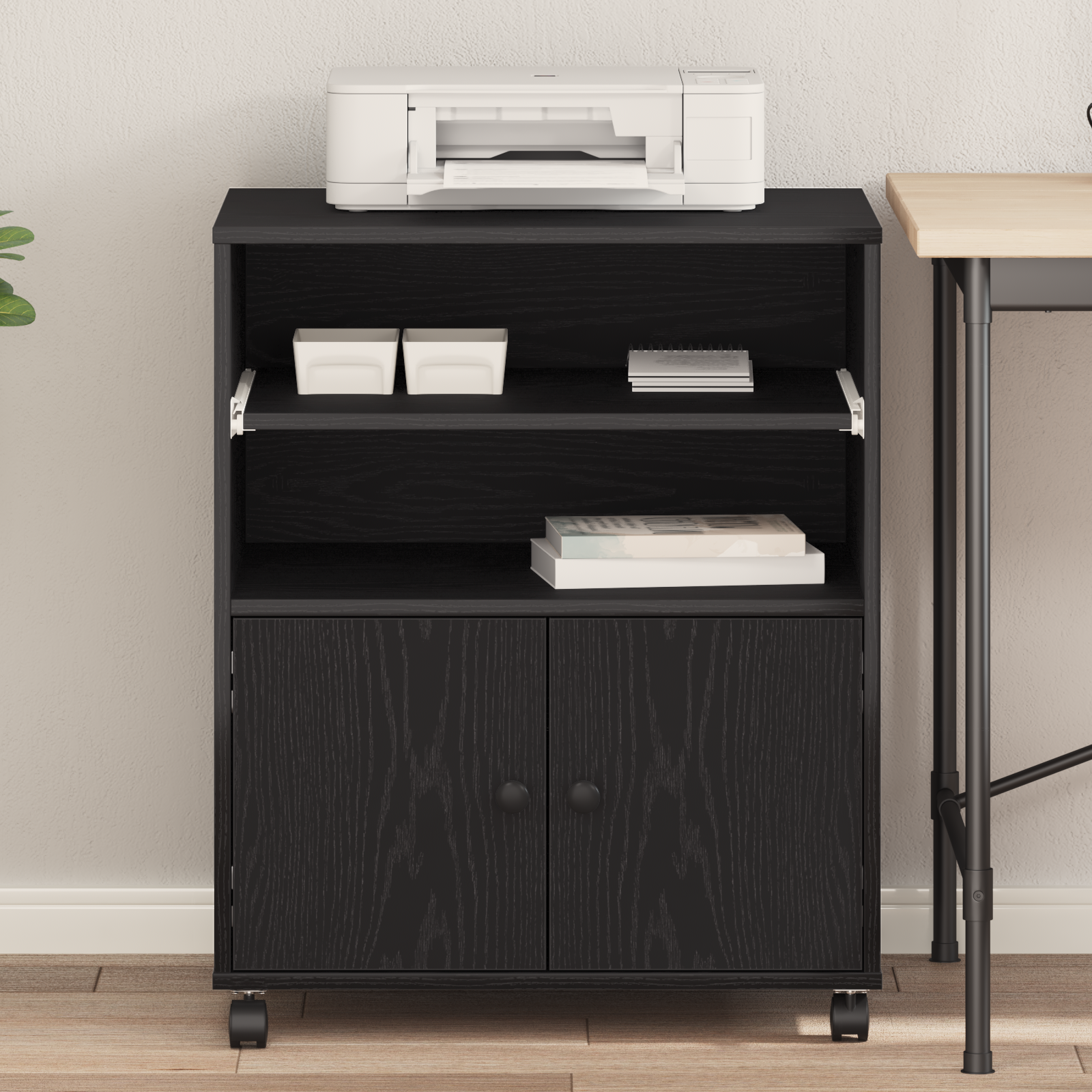 Supporto per stampante con ruote in rovere nero 60x48x74 cm