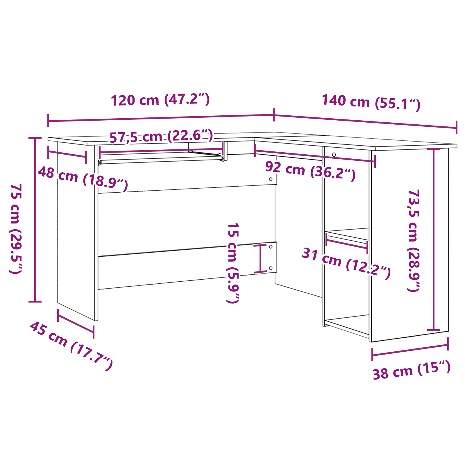 Scrivania  Nero Rovere 120x140x75 cm in Legno ingegnerizzato