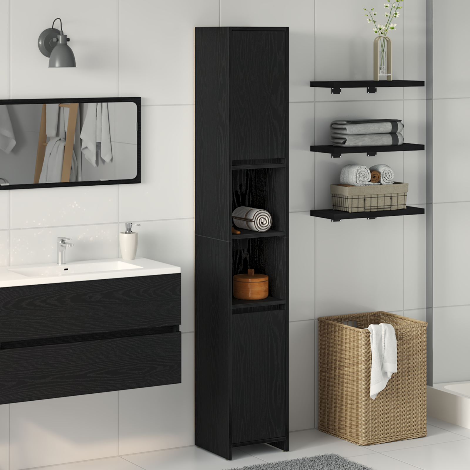 Mobile da bagno  Nero Rovere 30x30x183,5 cm Legno ingegnerizzato