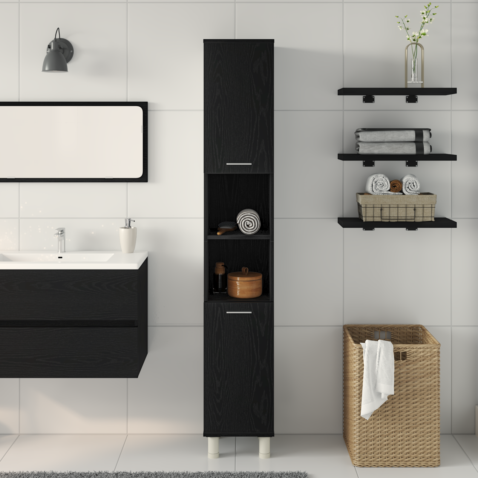 Mobile da bagno  Nero Rovere 30x30x179 cm in legno ingegnerizzato