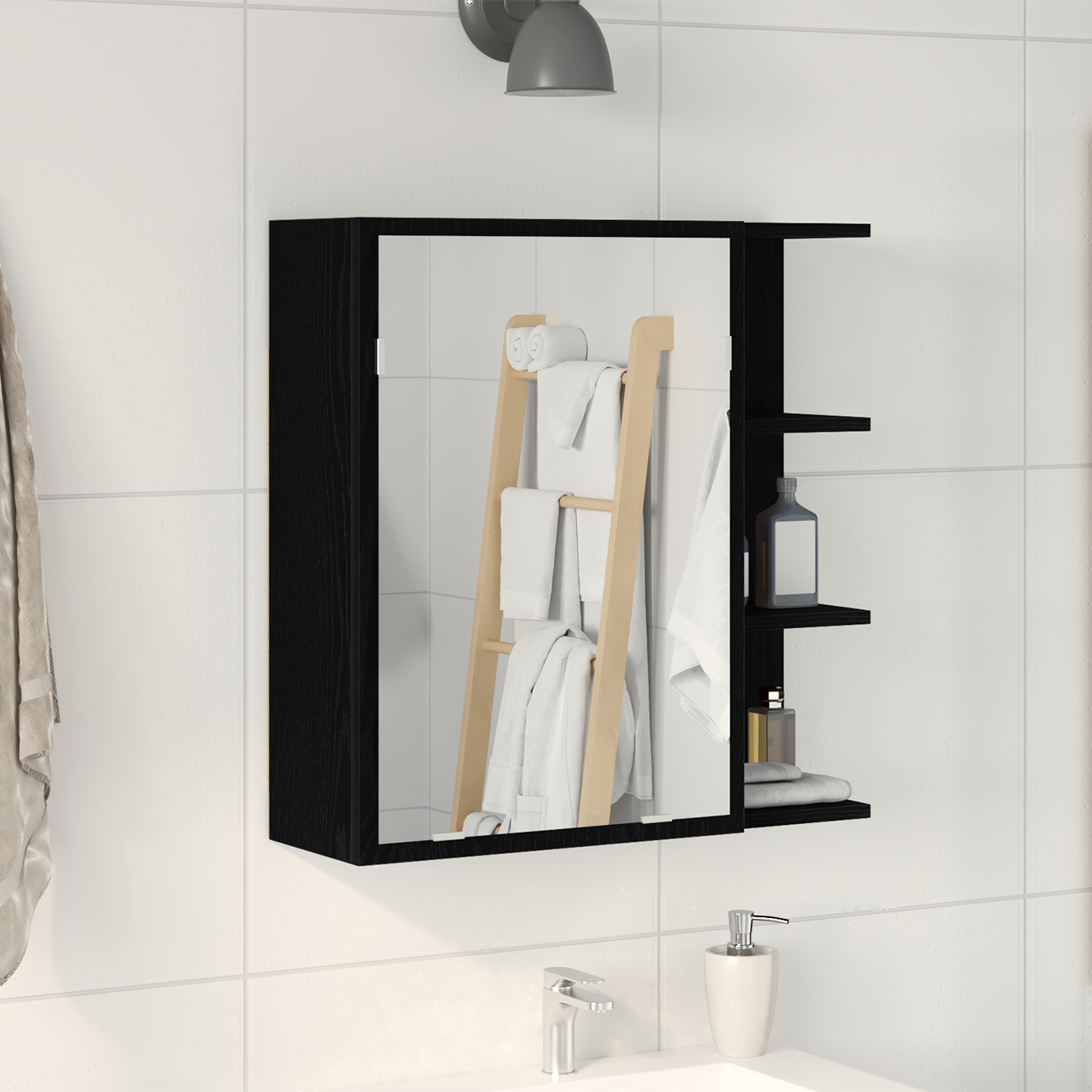 Armadio Specchio per il Bagno  Nero Rovere 62,5x20,5x64cm in Legno Ingegnerizzato