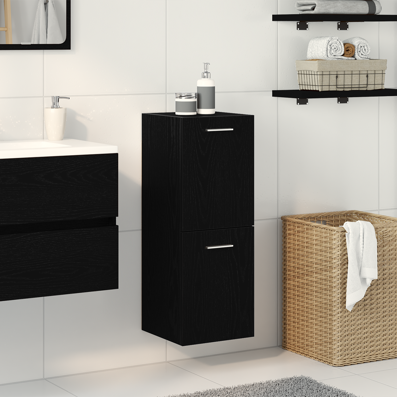 Armadiolo da Bagno  Nero Rovere 30x30x80 cm in legno ingegnerizzato
