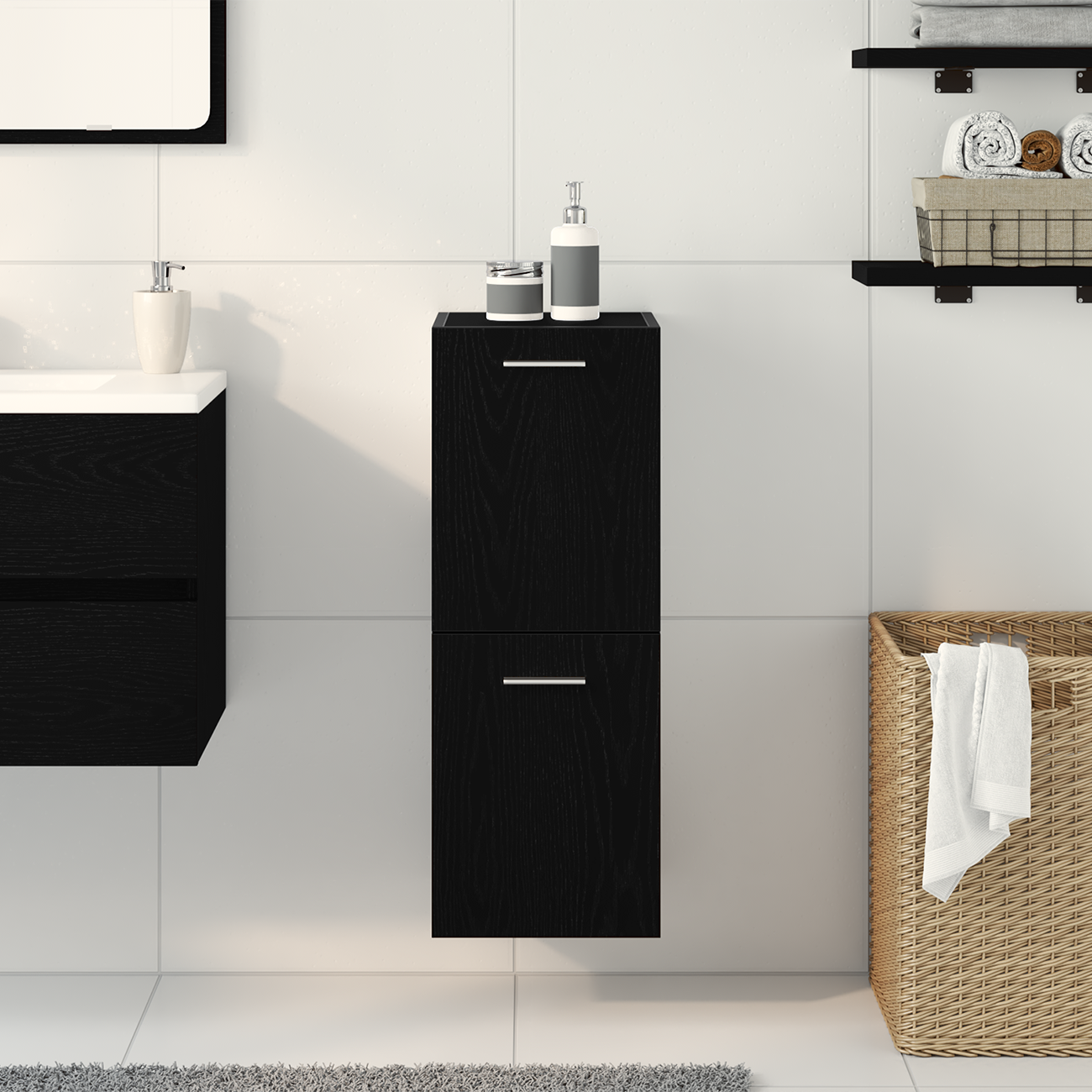Armadiolo da Bagno  Nero Rovere 30x30x80 cm in legno ingegnerizzato
