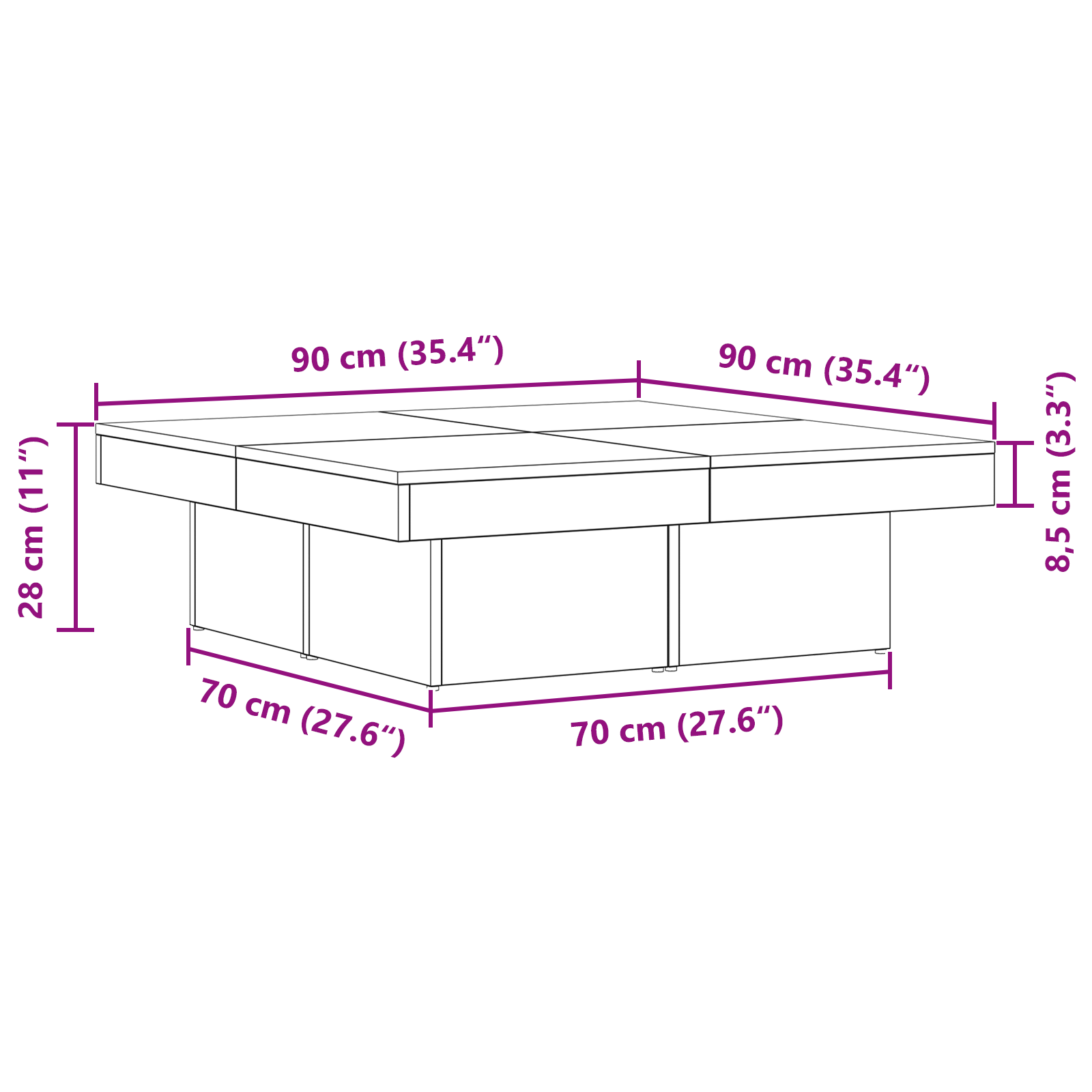 Tavolino da caffè  Nero Rovere 90x90x28 cm in legno ingegnerizzato