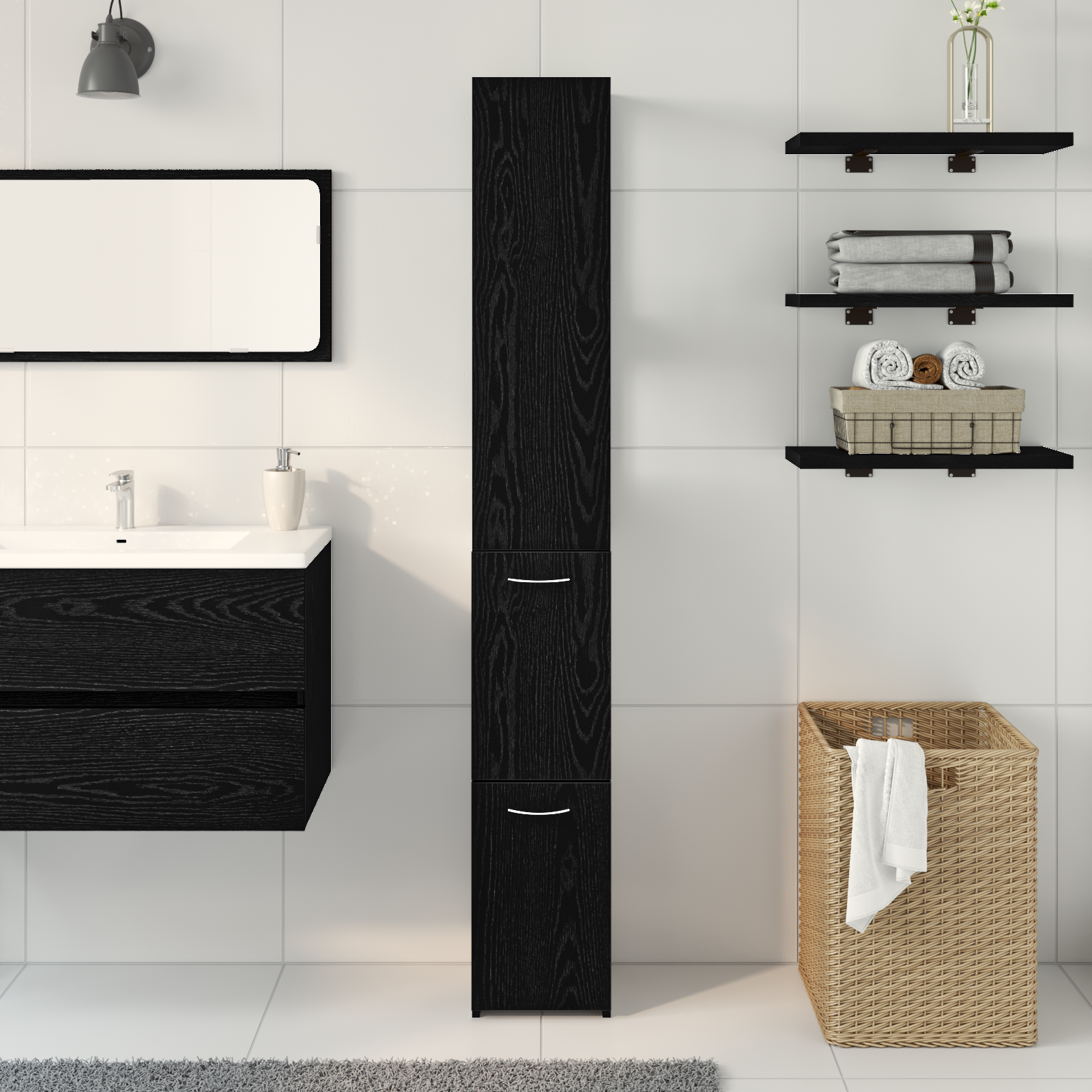 Armadio da bagno  Nero Rovere 25x25x170 cm in legno ingegnerizzato