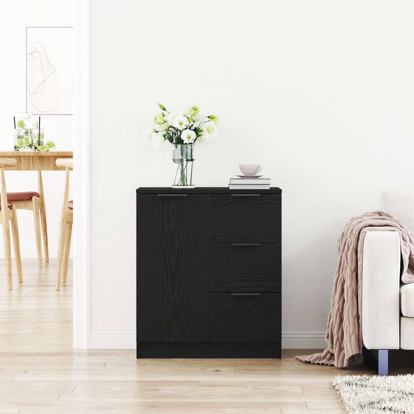 Sideboard Nero in Rovere 60x30x70 cm Realizzato in Legno Ingegnerizzato