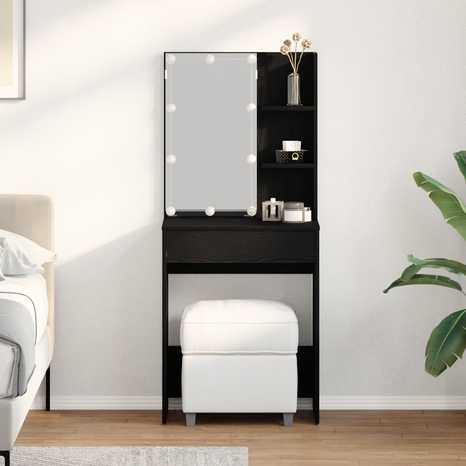 Tavolo da trucco LED in Rovere Nero, 60x40x140 cm, Realizzato in Legno ingegnerizzato