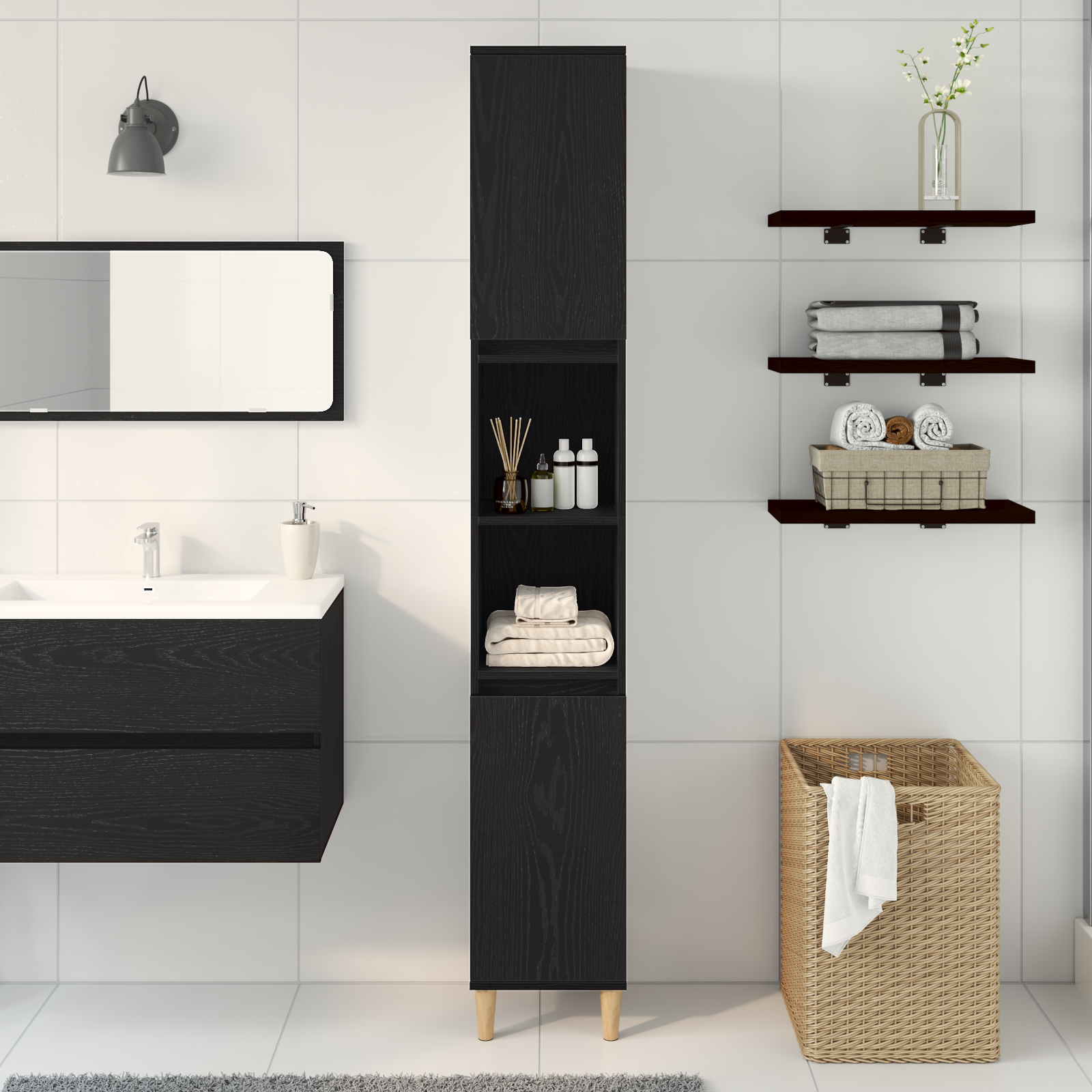 Armadio da bagno  Nero Rovere 30x30x190 cm Legno ingegnerizzato