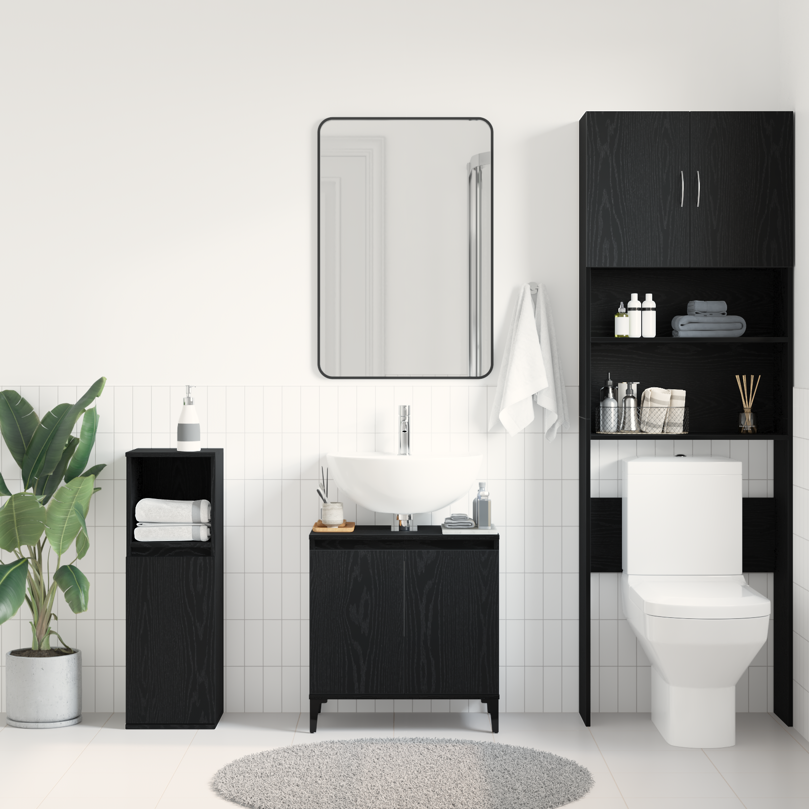 Mobile Lavabo  Nero Rovere 58x33x60 cm Legno Ingegnerizzato