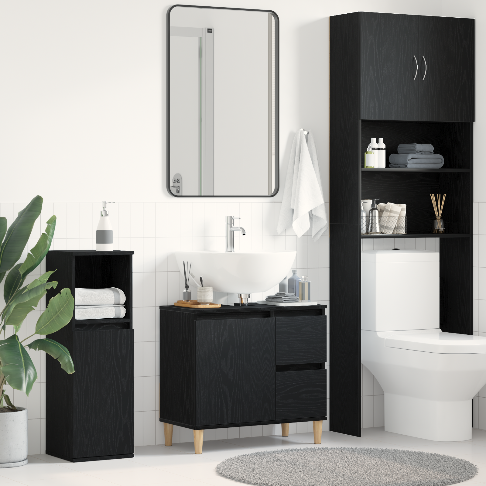 Armadietto Lavabo Nero Rovere 65x33x60 cm Legno ingegnerizzato
