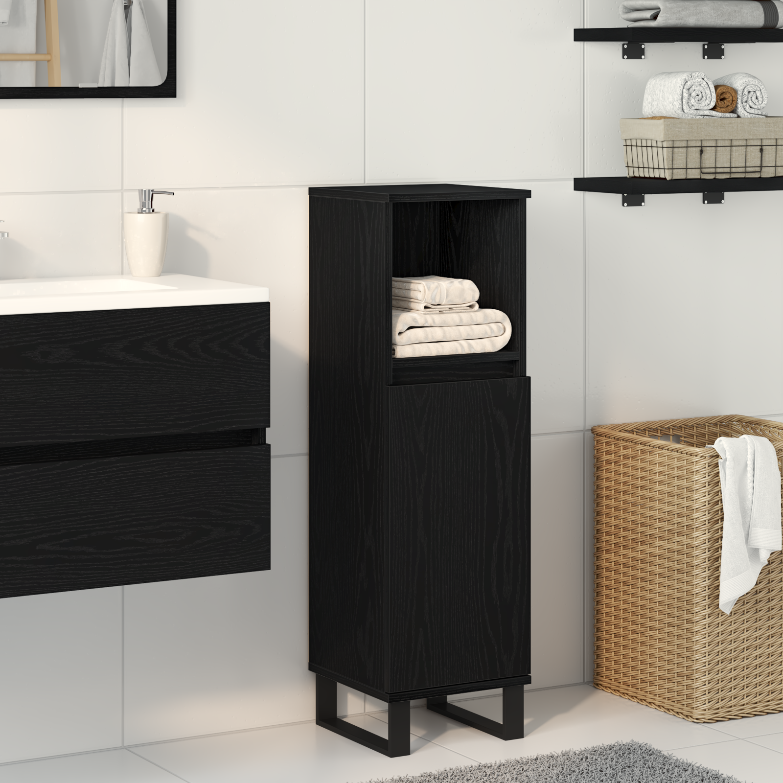Mobile da bagno  Nero Rovere 30x30x100 cm Legno ingegnerizzato