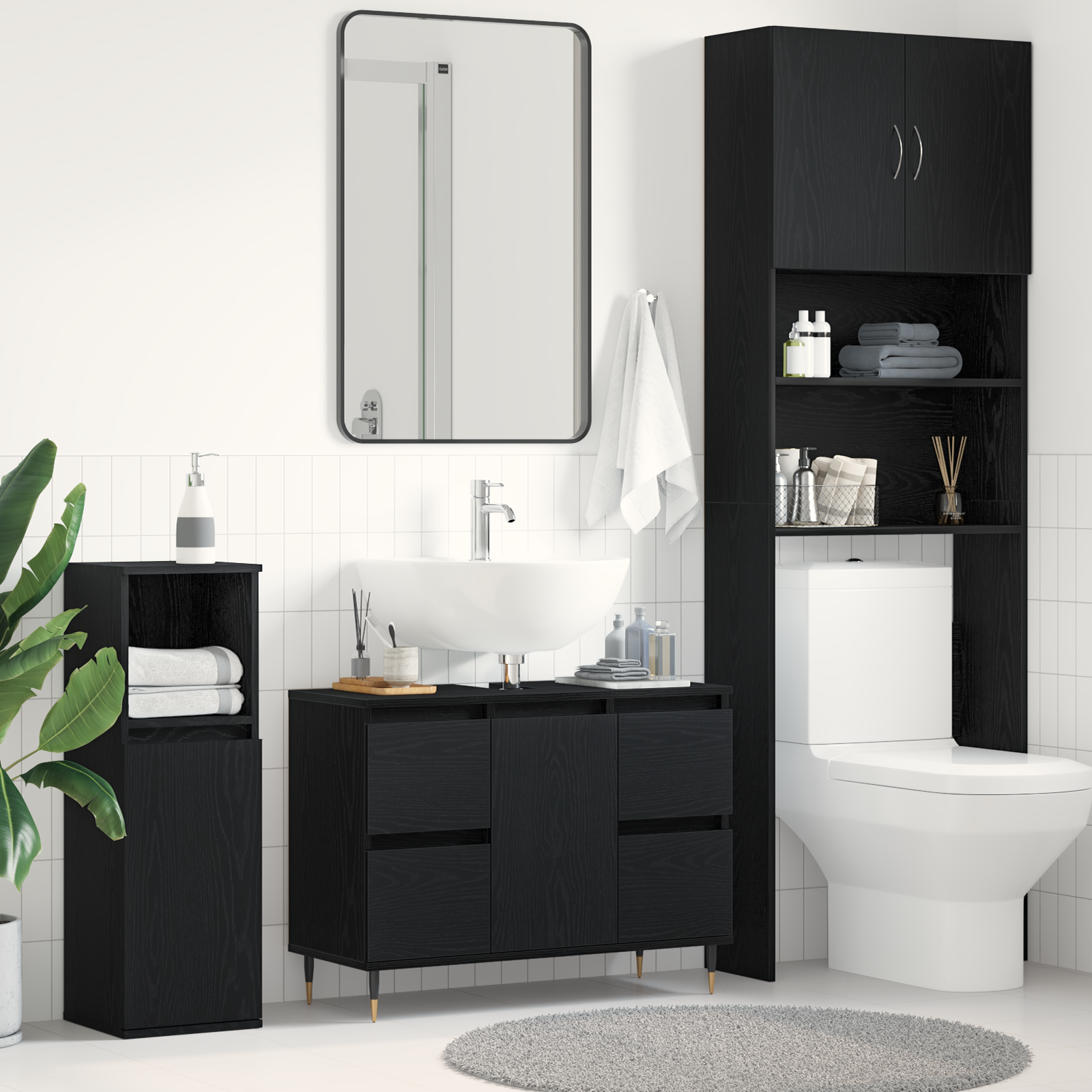 Mobiletto per lavandino da bagno  Nero Rovere 80x33x60 cm Legno ingegnerizzato