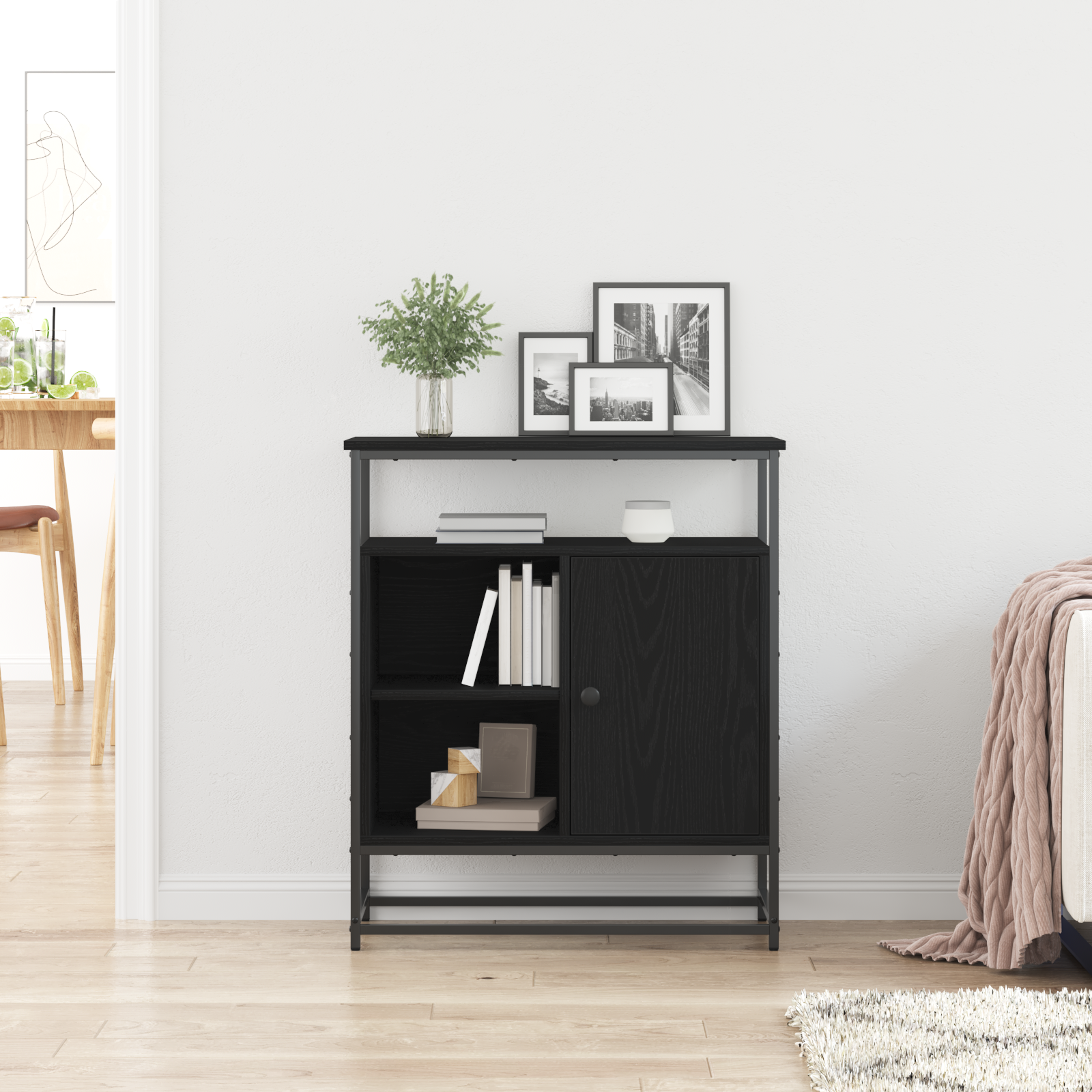 Mobile Nero Rovere 69x35x80 cm Legno ingegnerizzato e Acciaio