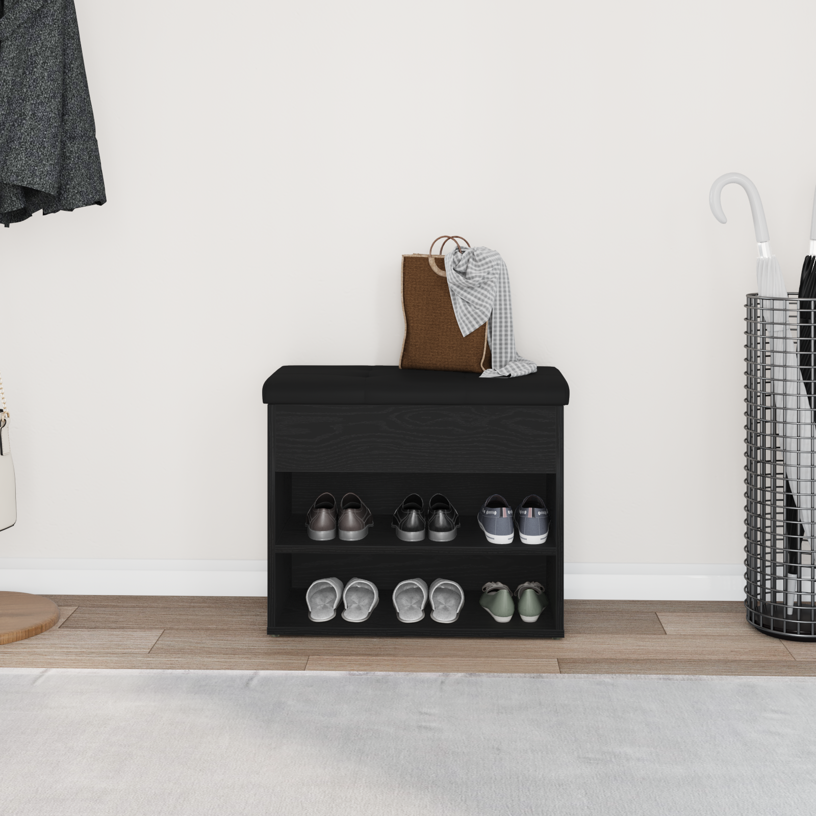 Panca di stoccaggio in legno ingegnerizzato colore rovere nero 60x30x48 cm