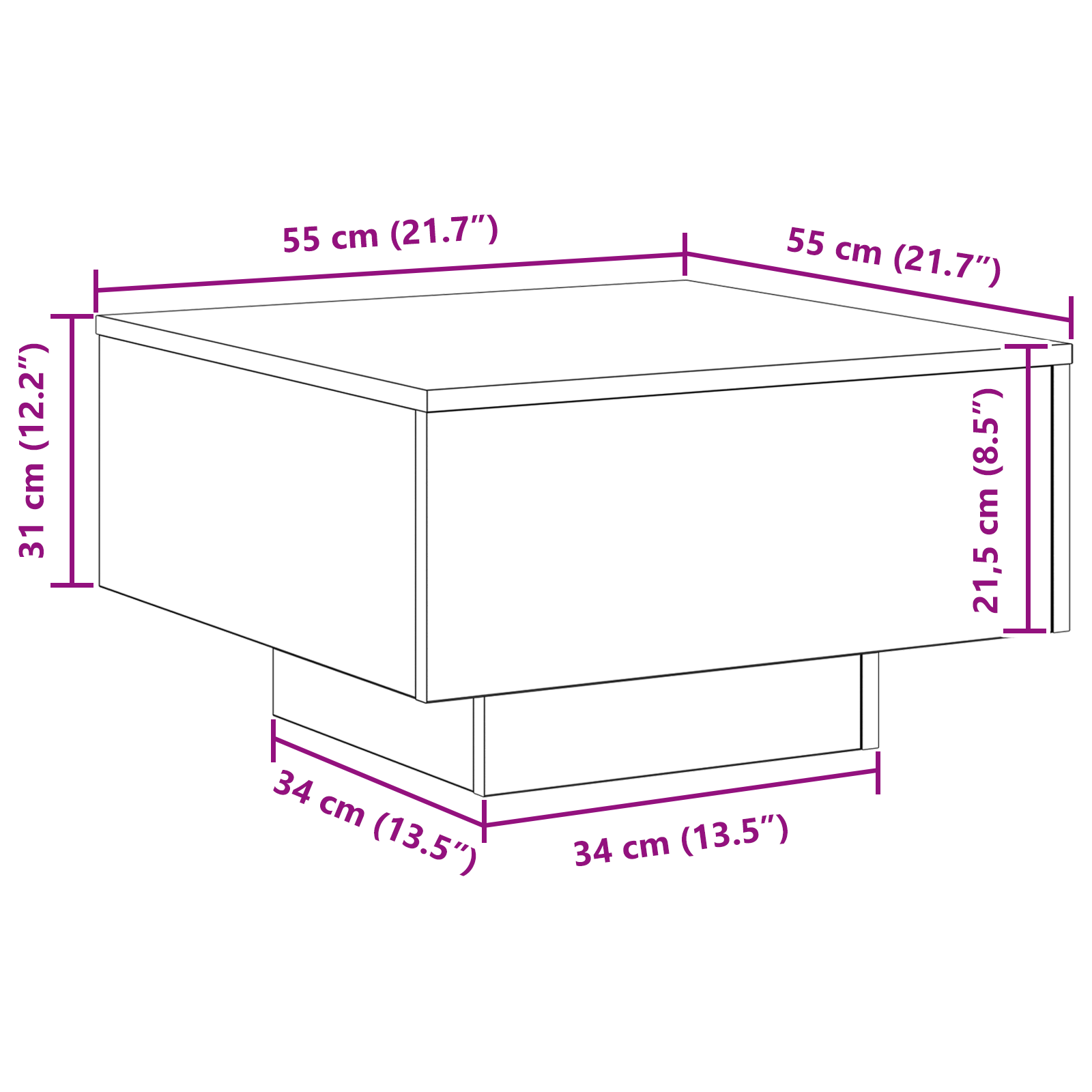 Tavolino da caffè  in rovere artigianale 55x55x31 cm in legno composito