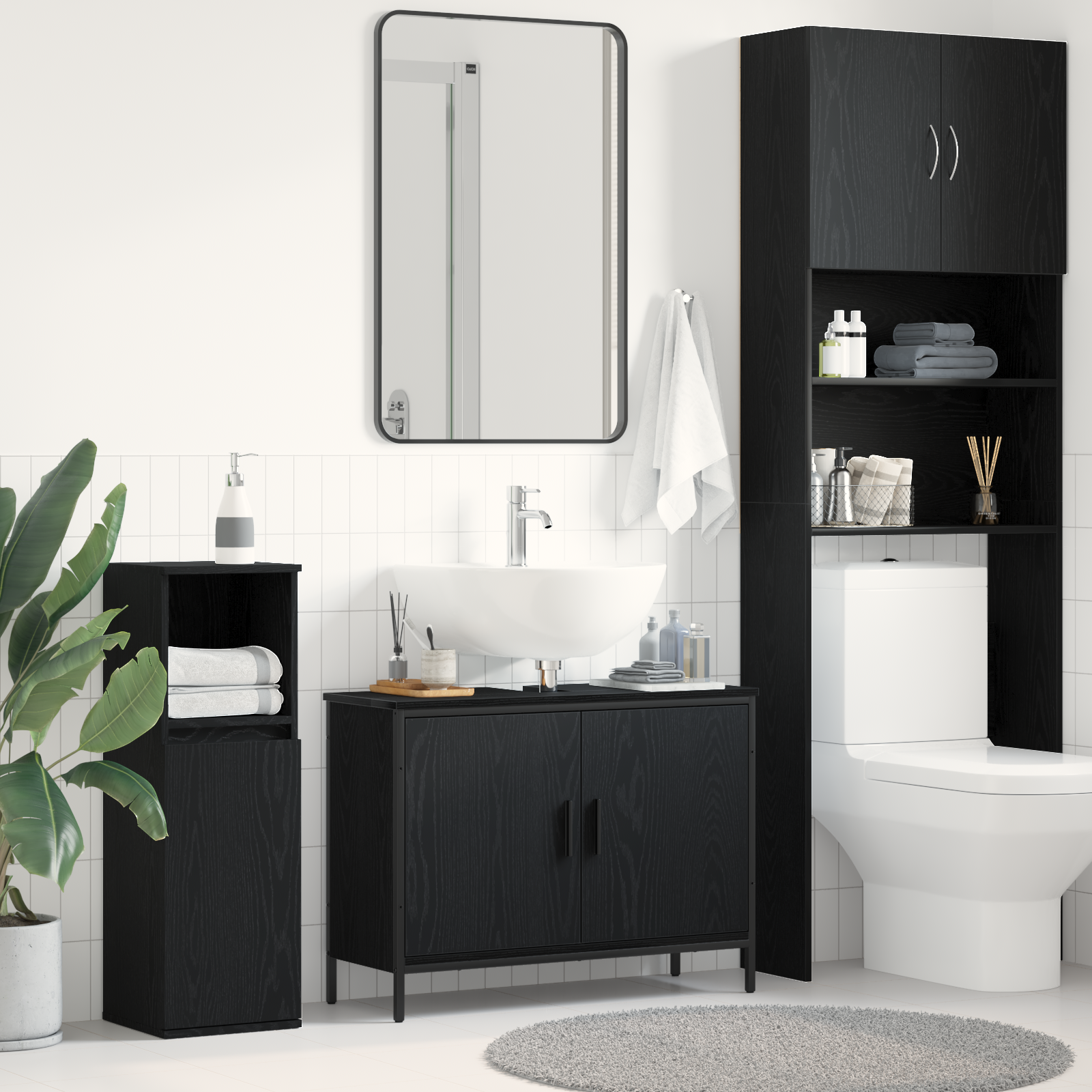Mobile lavabo da bagno  Nero Rovere 80x30x60 cm Legno ingegnerizzato