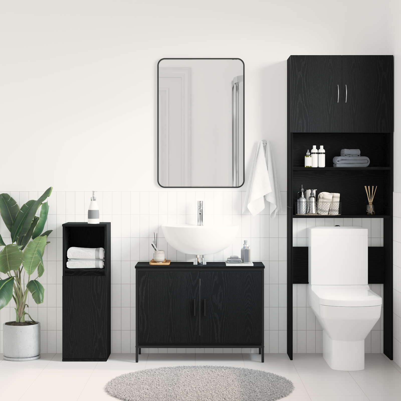 Mobile lavabo da bagno  Nero Rovere 80x30x60 cm Legno ingegnerizzato