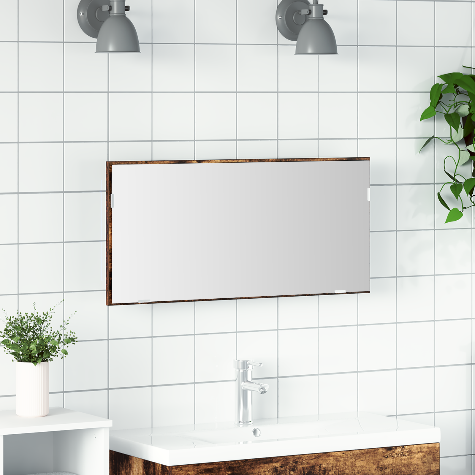 Armadio Specchio da Bagno  con Luce LED Rovere Affumicato 80x37 cm