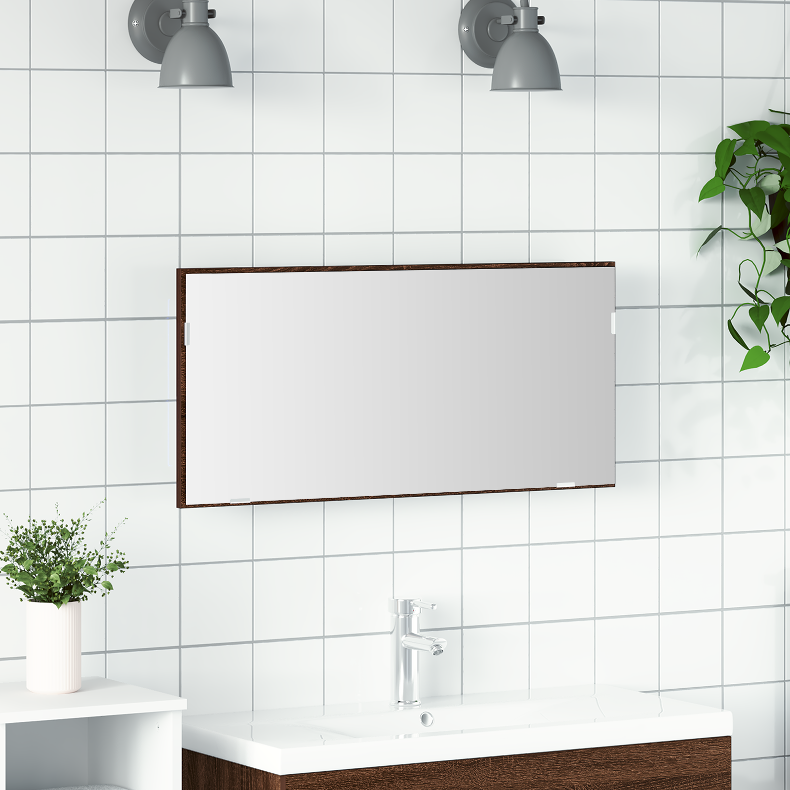 Cabinet del Bagno  con Specchio e Luce LED Rovere Marrone 80x37 cm